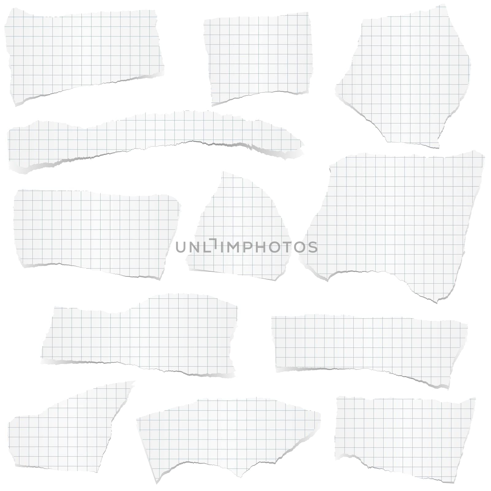 collection of white checkered scraps of papers with shadows