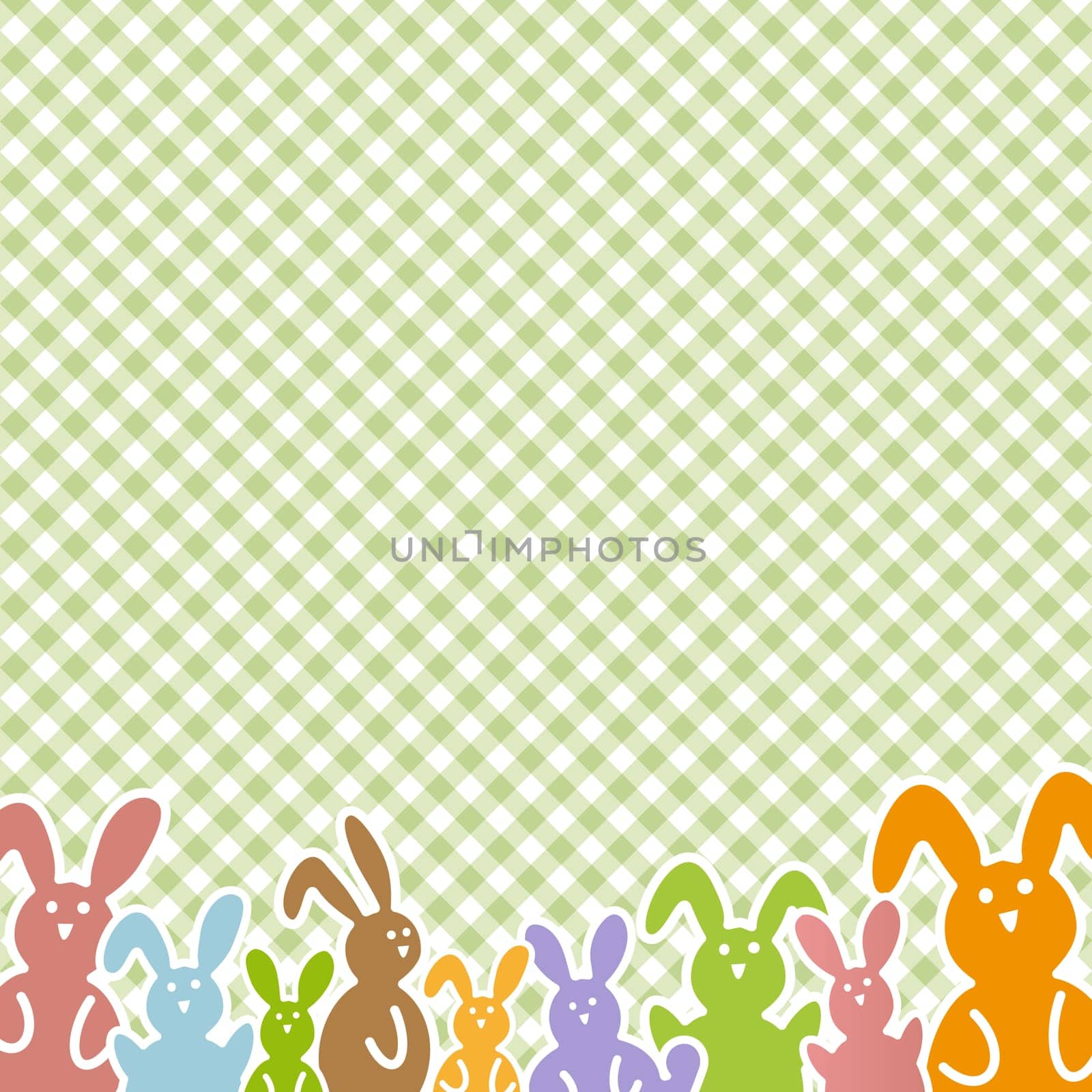 Happy Easter background with colored rabbits on checkered pattern