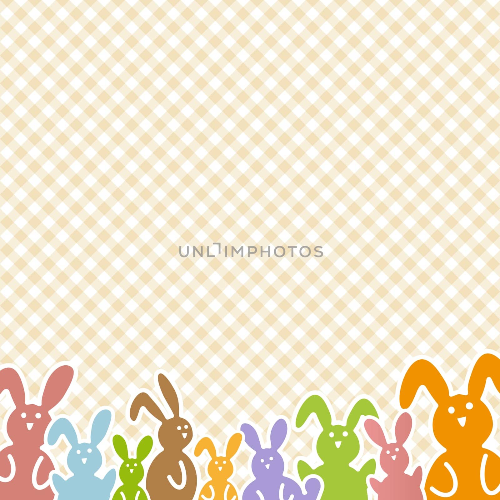 Happy Easter background with colored rabbits on checkered pattern