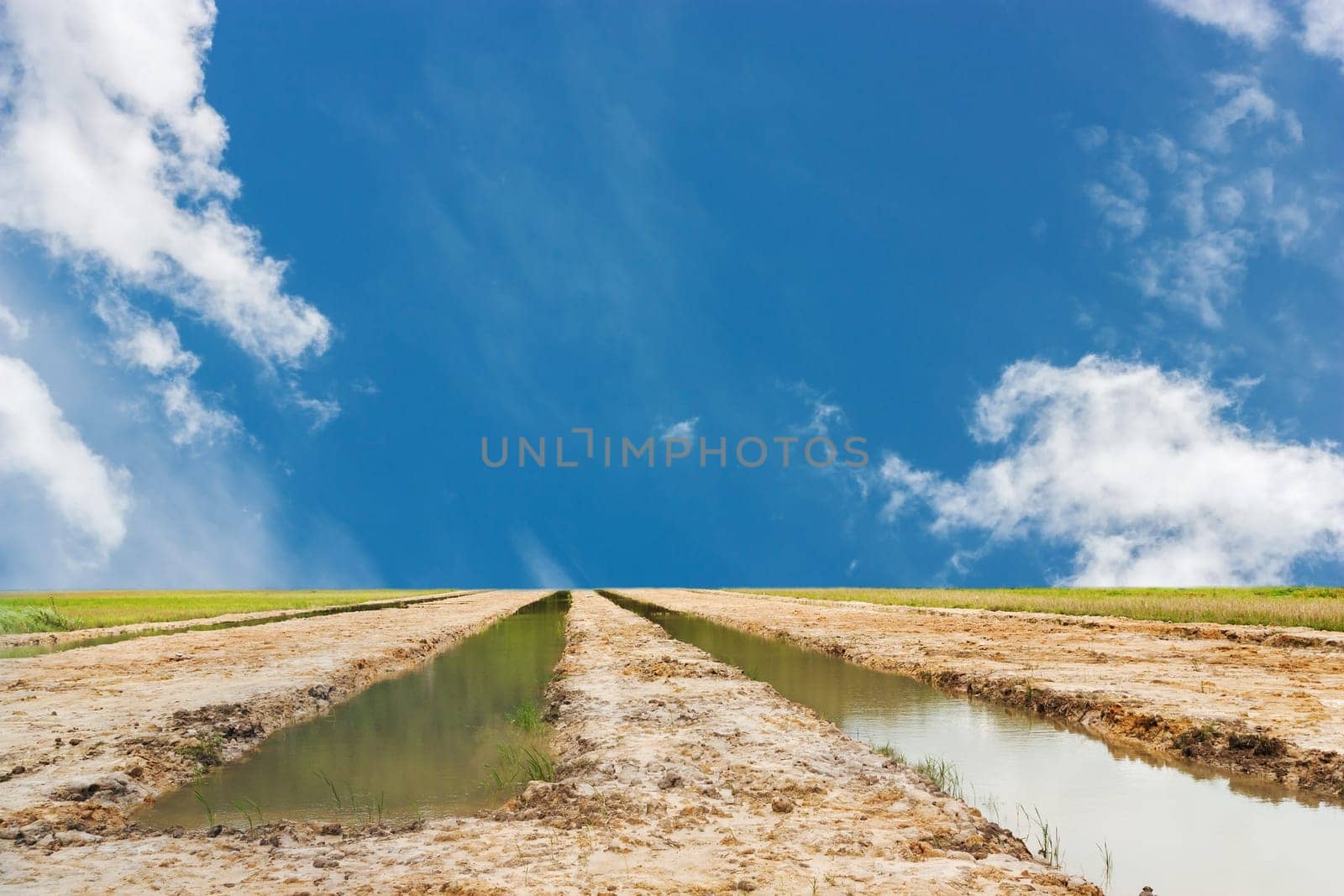 Land and water with blue sky and white cloud background