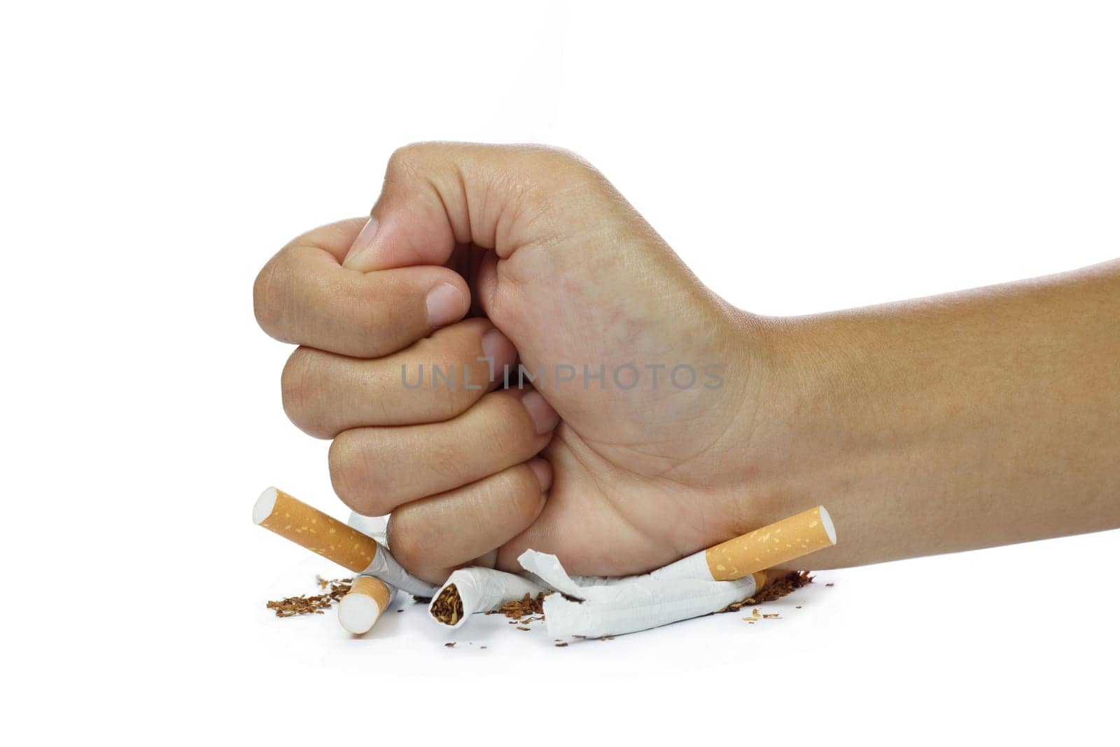 fist breaking cigarette stop smoking concept on white background