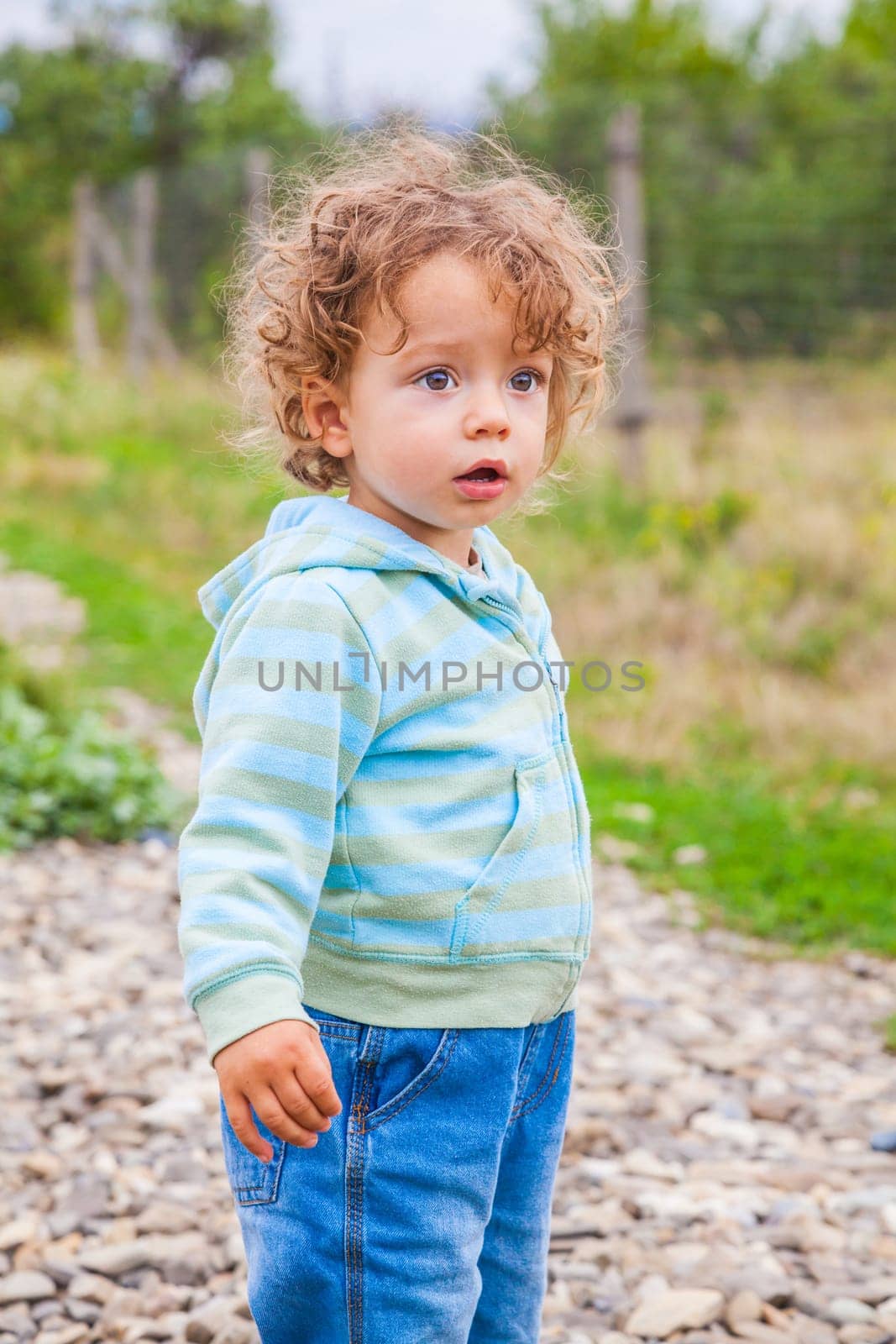 1 year old baby boy walking through the countryside.