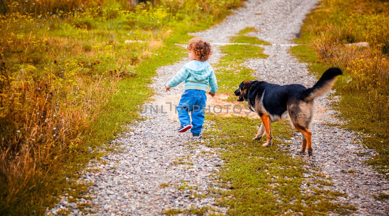 1 year old baby boy walking through the countryside.