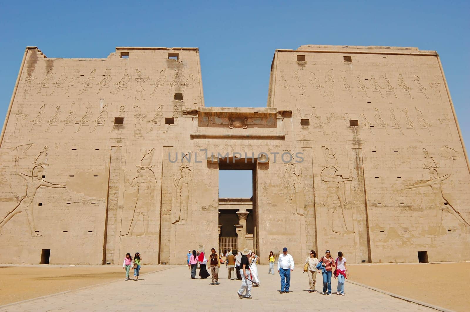 The first pylon at Edfu Temple in Edfu, Egypt. Photo taken on February 25, 2007.