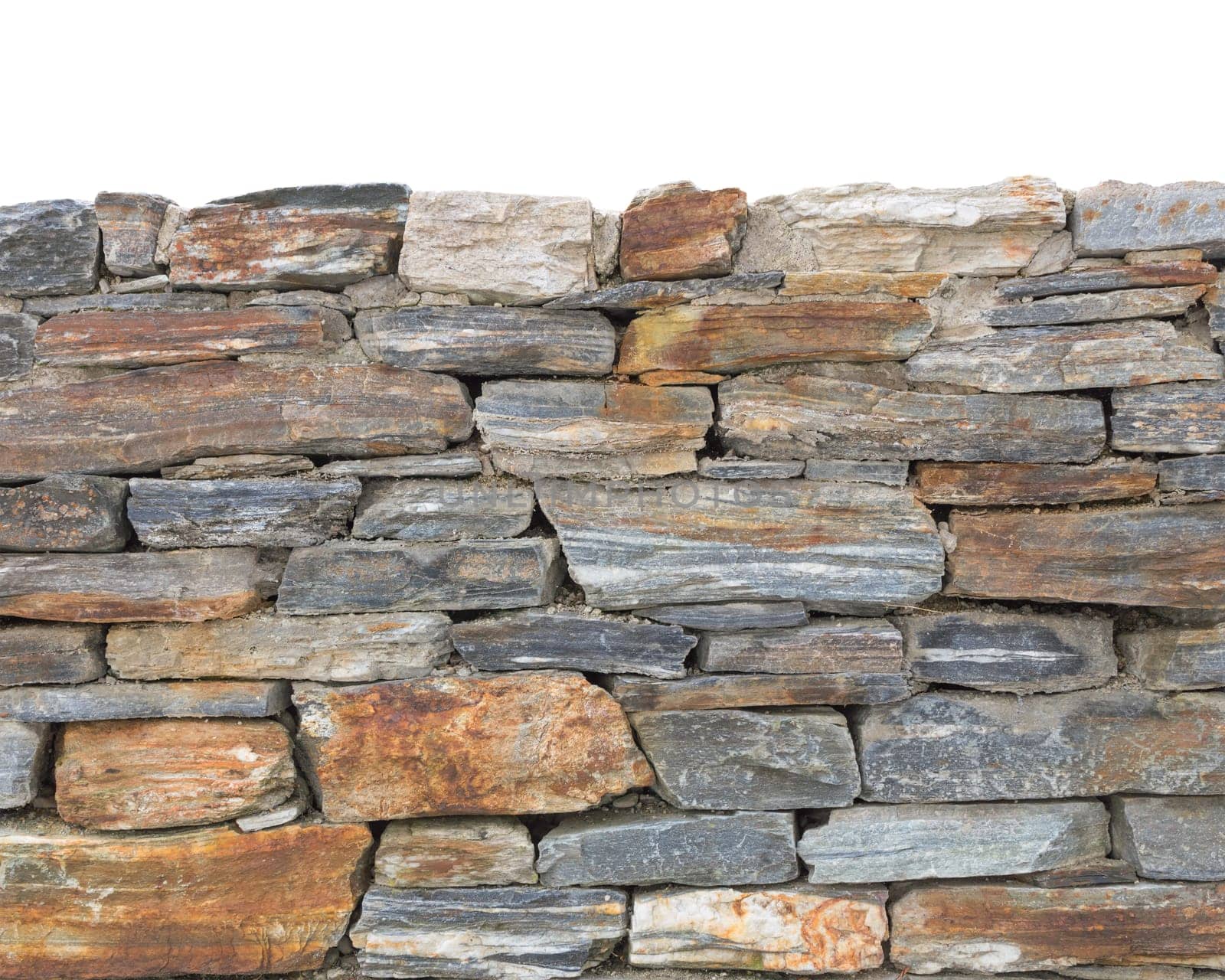 Bottom side edge part of stonework wall background with rough stone texture isolated on top