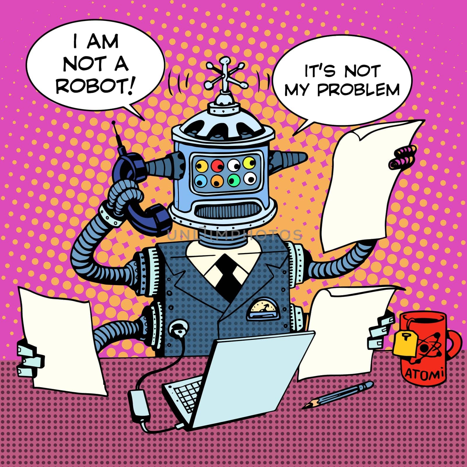 Robot Secretary on the phone business concept. Retro style pop art