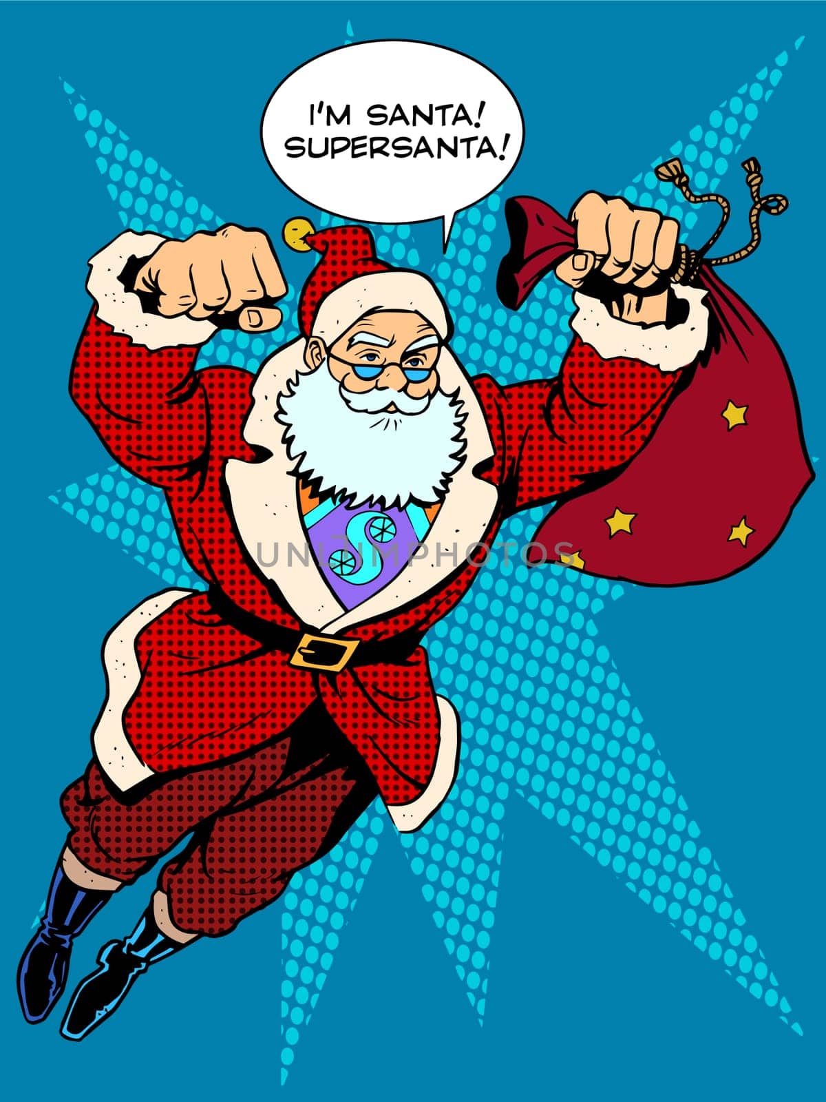 Santa Claus is flying with gifts like a superhero. Retro style pop art