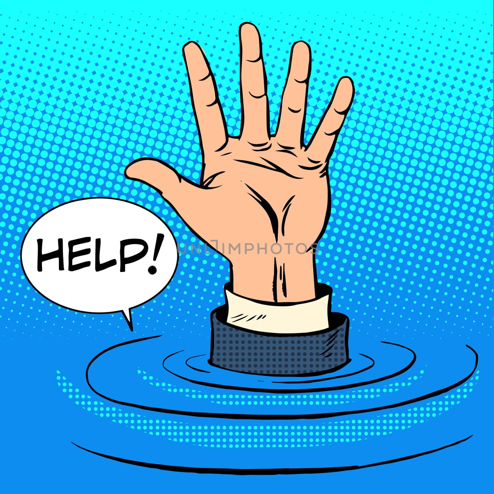 Hand sinking asks for help. Business concept retro style pop art