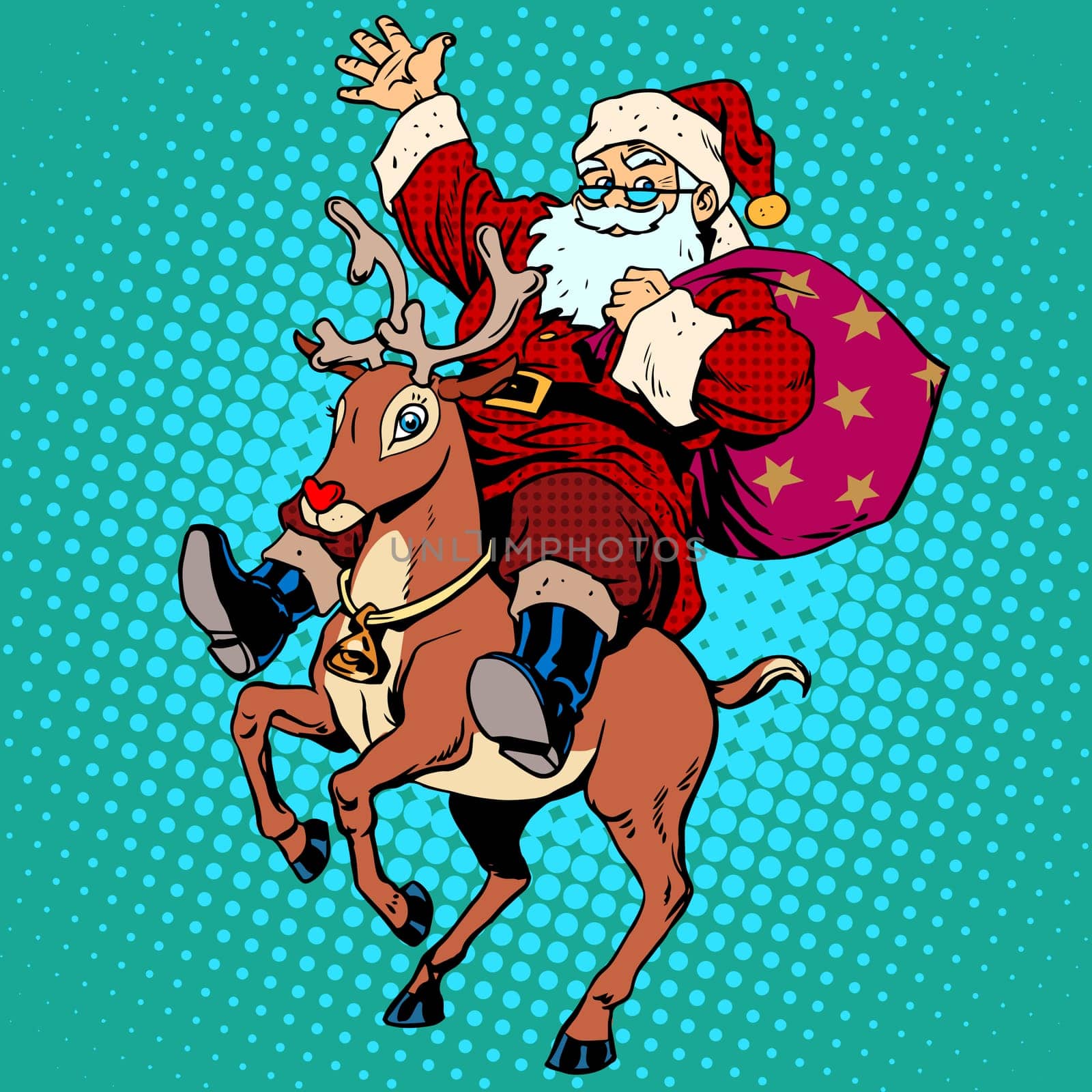 Santa Claus with gifts Christmas reindeer Rudolf. Retro style pop art