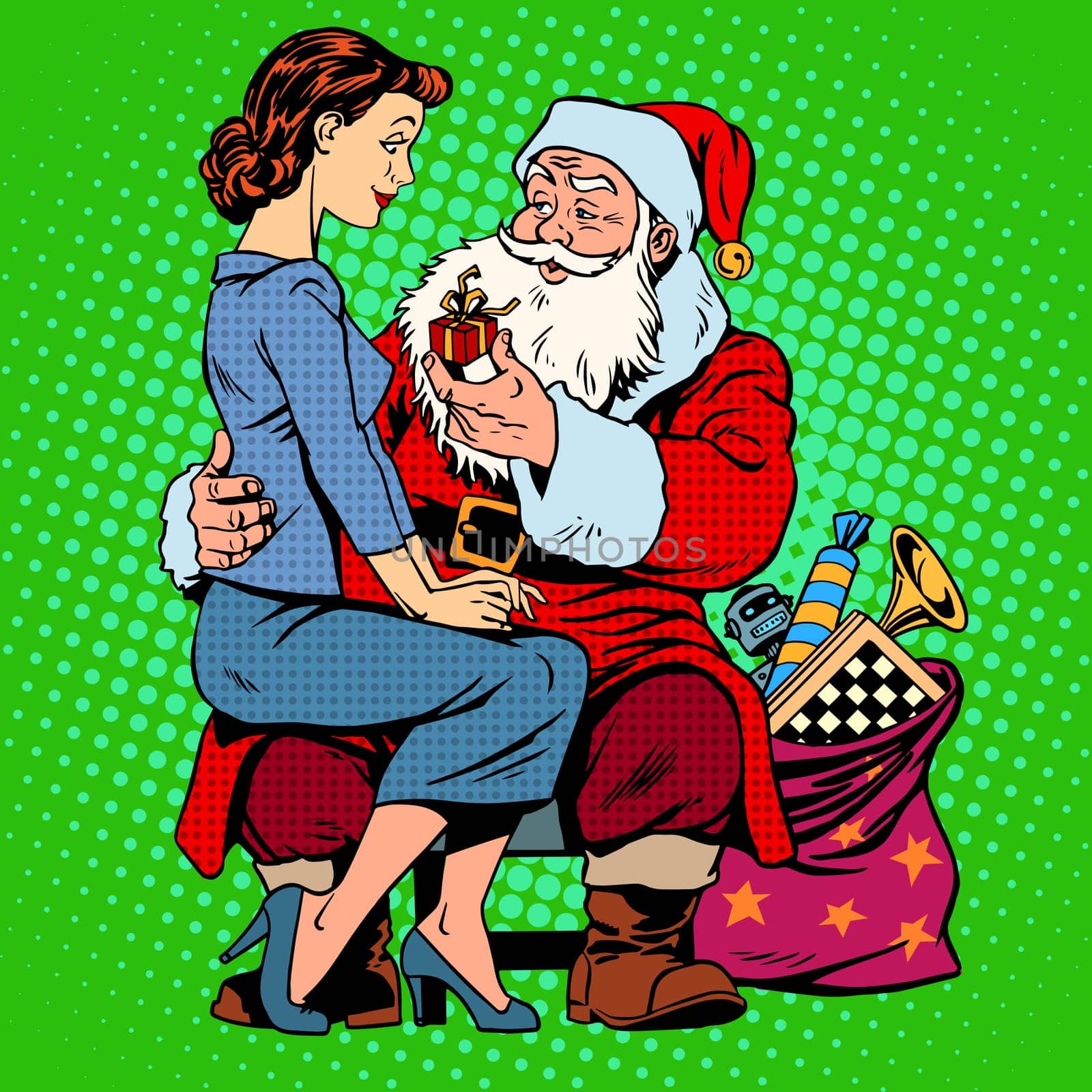 Christmas gift. Santa Claus and a beautiful girl. Retro style pop art