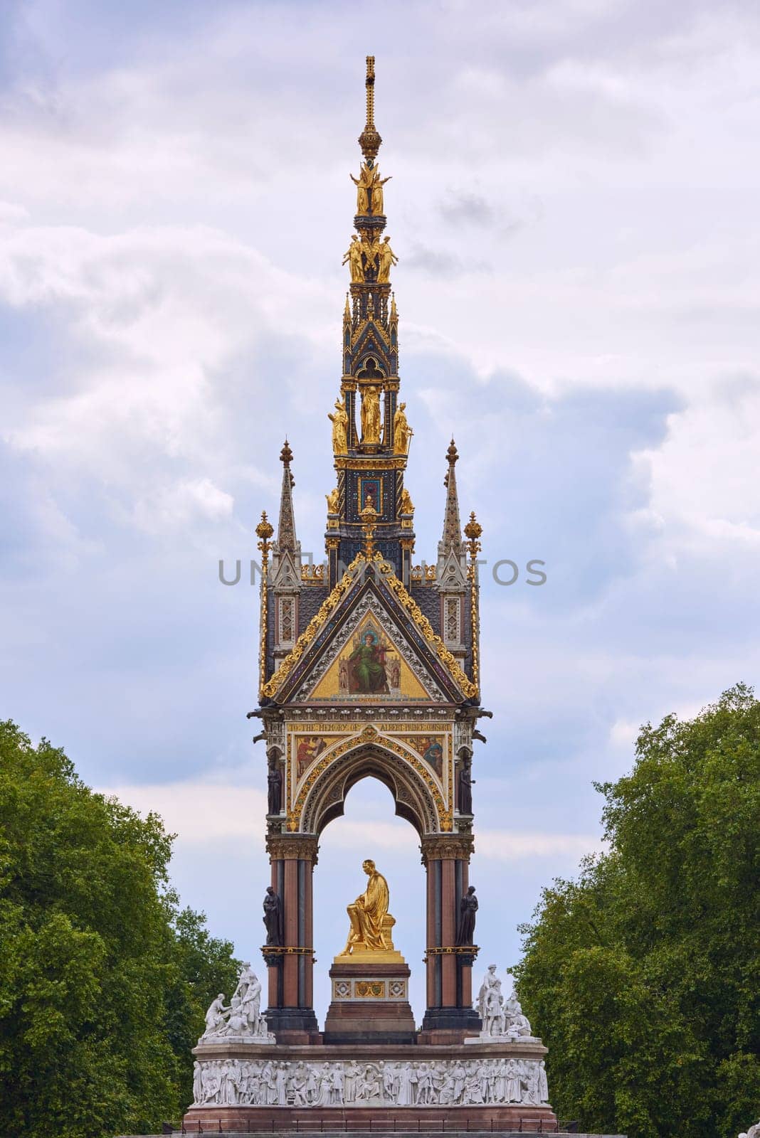 Side shot of Albert Memorial in Kensington Gardens, London, UK.