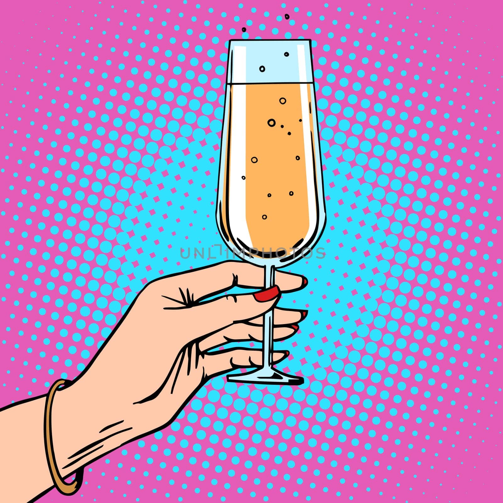 Toast a female hand with glass of champagne celebration party. Theme birthday or New year. Retro style pop art
