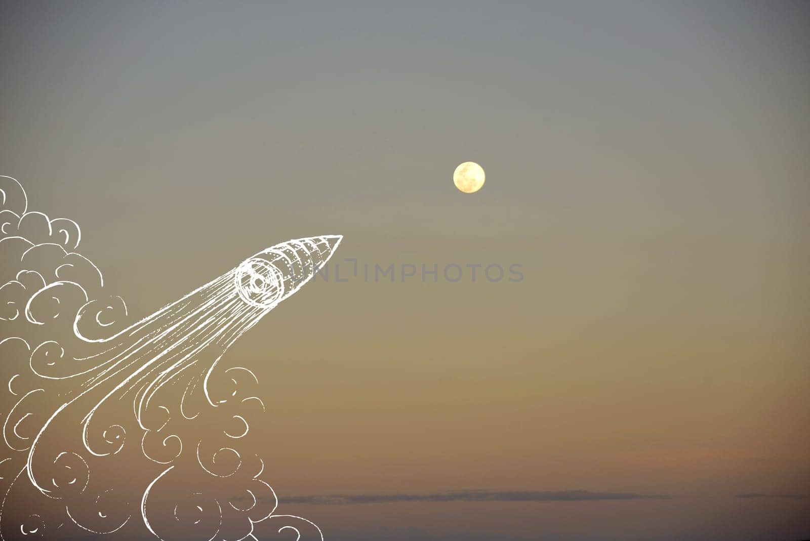 Be creative at your start up launch illustration concept. Hand drawn rocket ship over sunset sky travel direct to the moon background.