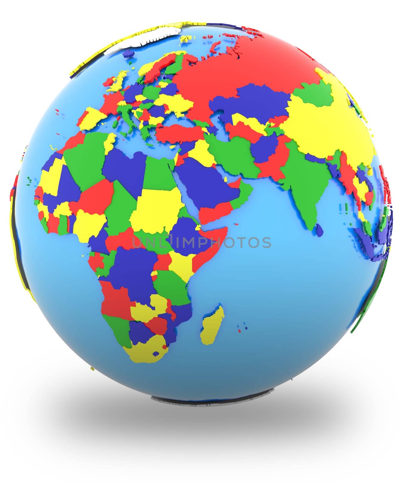 Eastern Hemisphere, political map of the world with countries in four colours, isolated on white background.