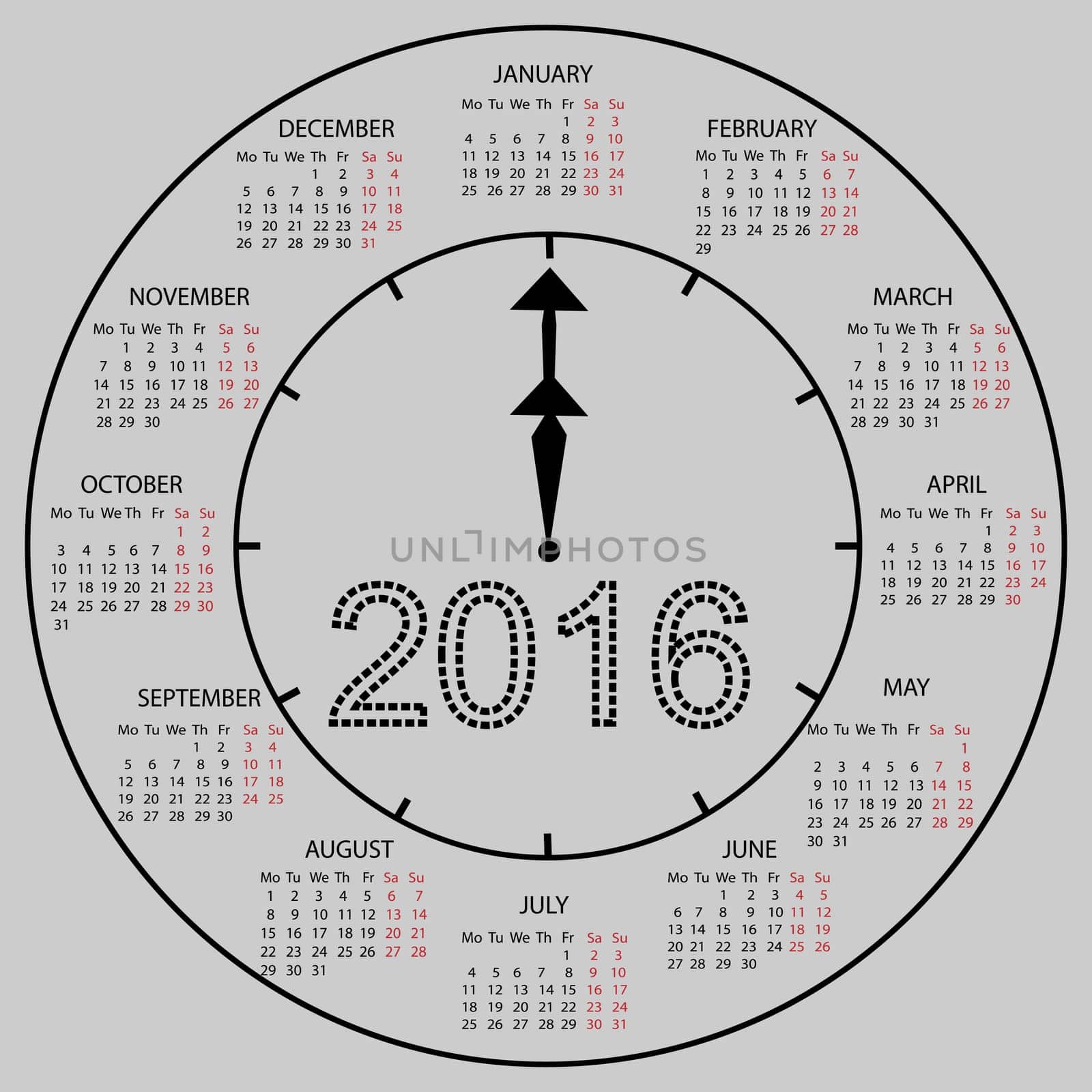 watch dial calendar 2016 new year. Week starts from Monday
