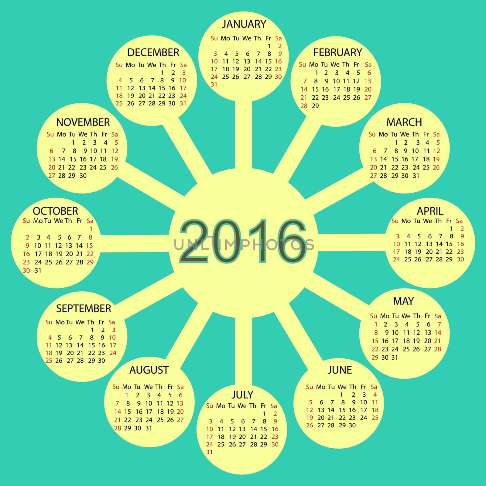 Sunny circles calendar 2016 new year. Week starts from Sunday