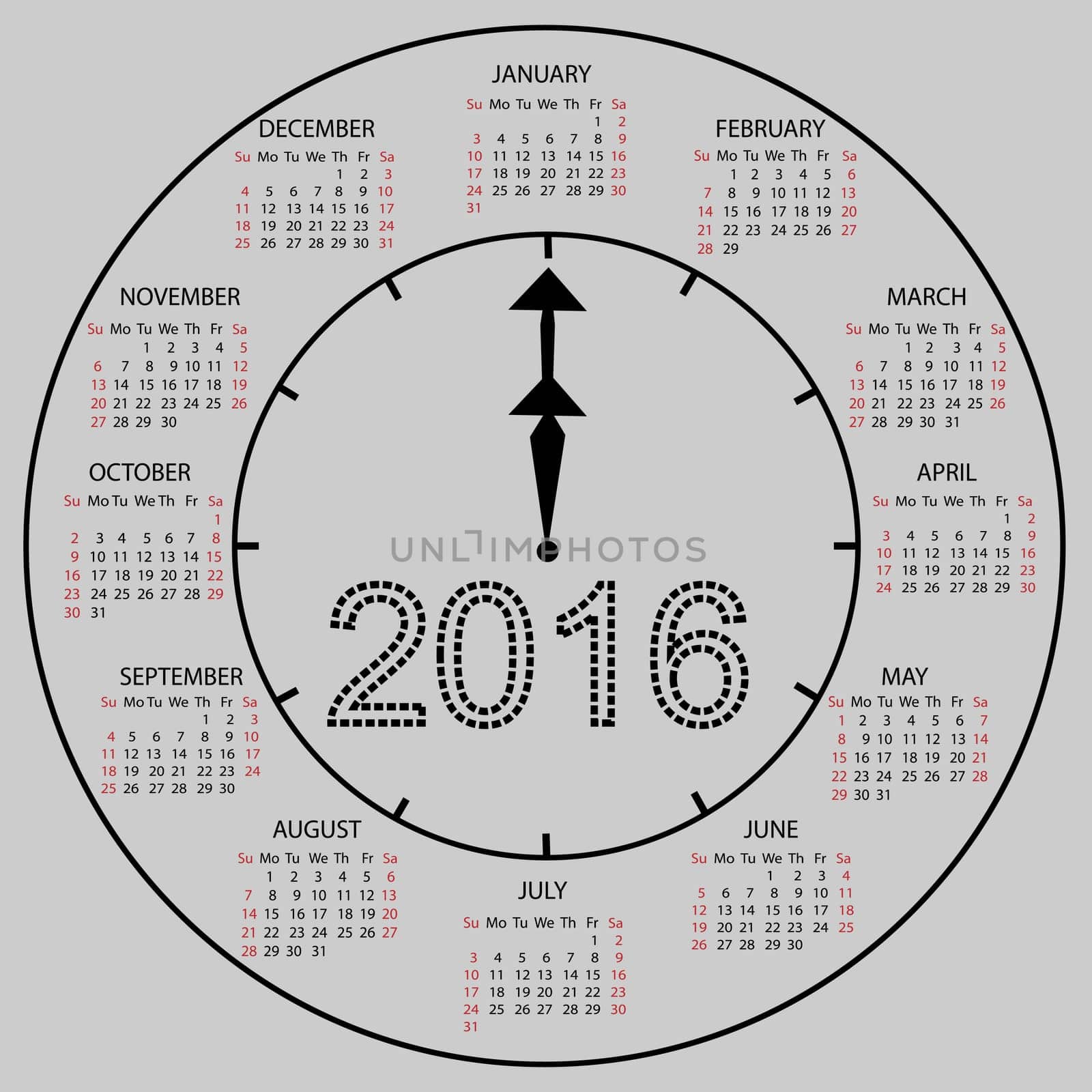 watch dial calendar 2016 new year. Week starts from Sunday