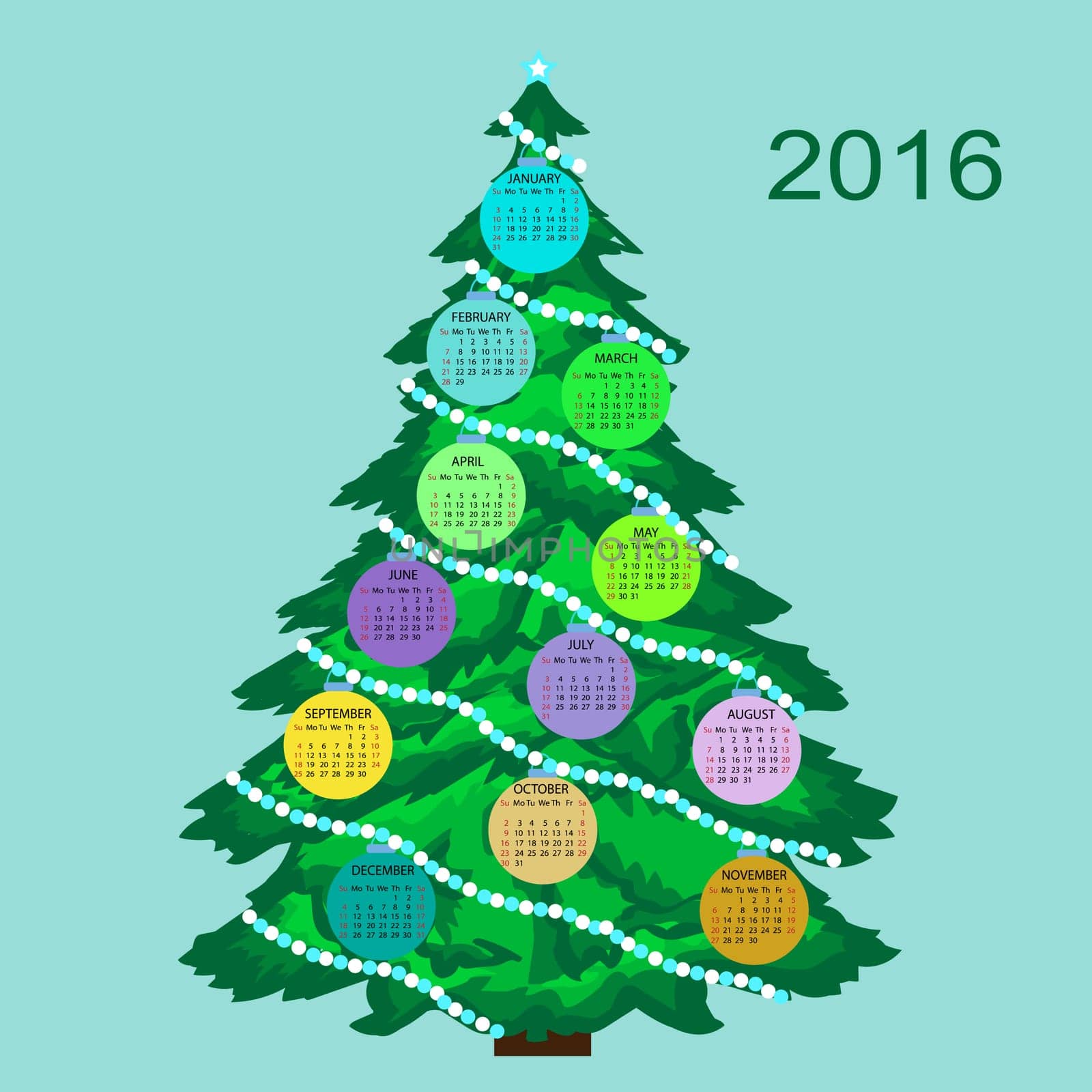 Christmas tree calendar 2016 new year. Week starts from Sunday