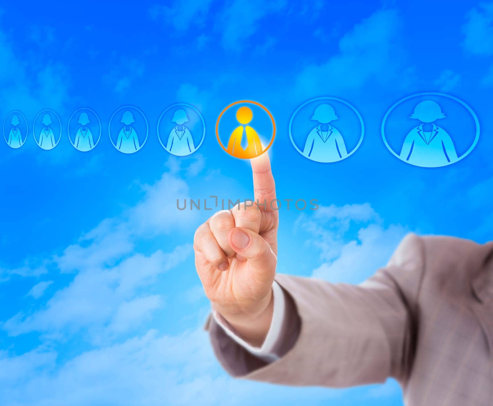 Right hand of a recruitment consultant is picking the only male candidate in a lineup of otherwise female knowledge worker icons. Business concept for hiring, HR decisions and gender discrimination.