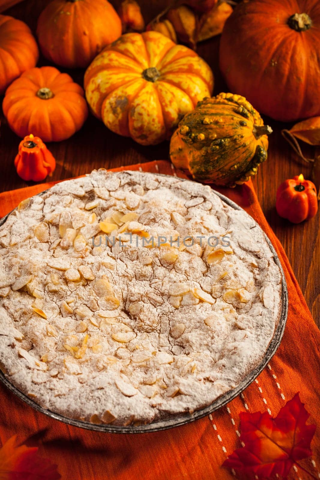 Apple pie for Thanksgiving with pumpkins