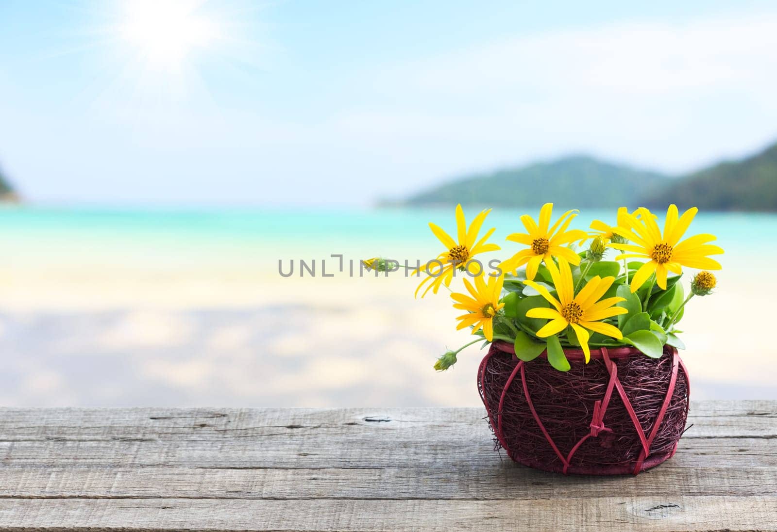 flower vase on wood table and beach background