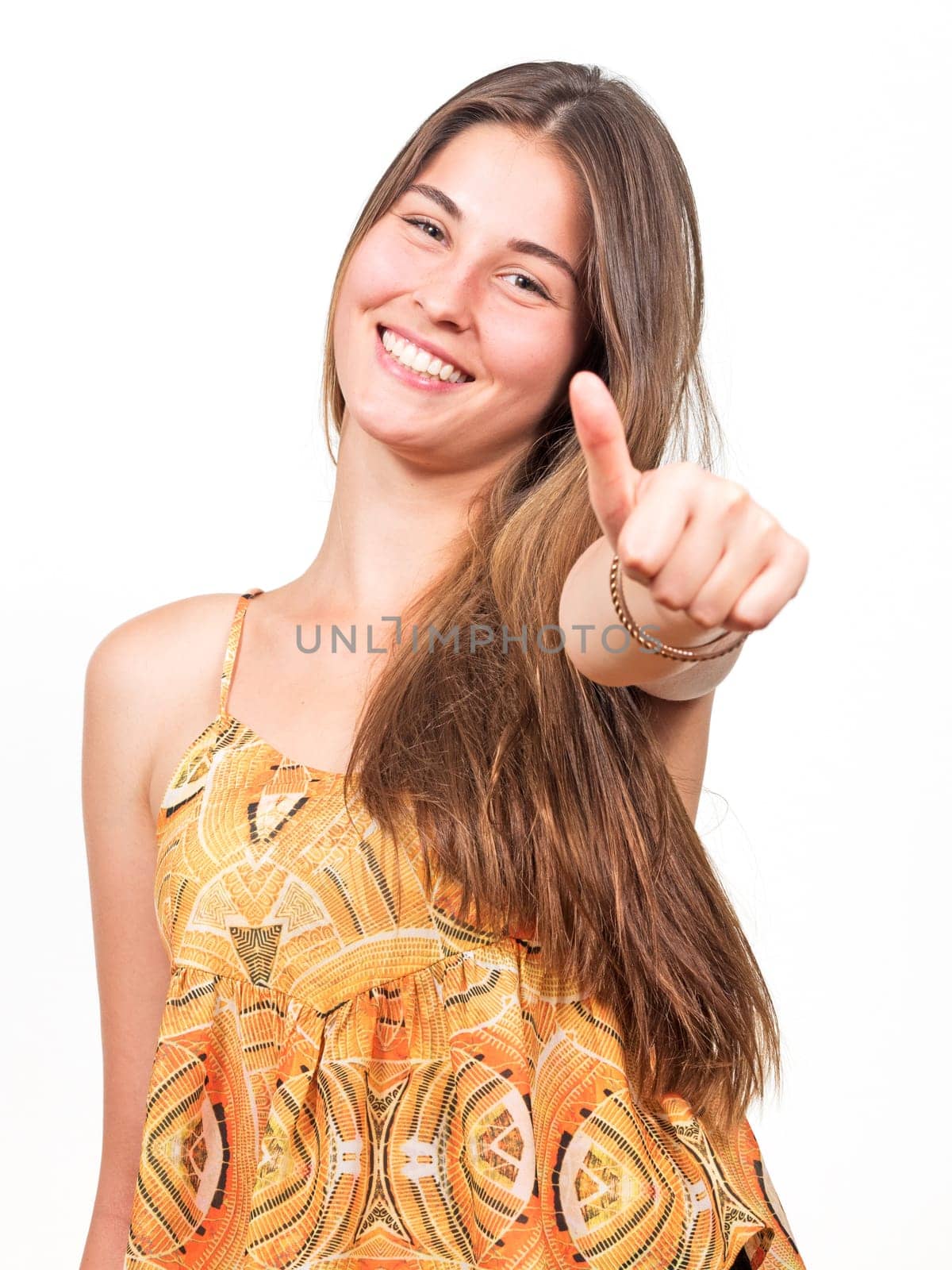 attractive young woman keeps her thumbs up