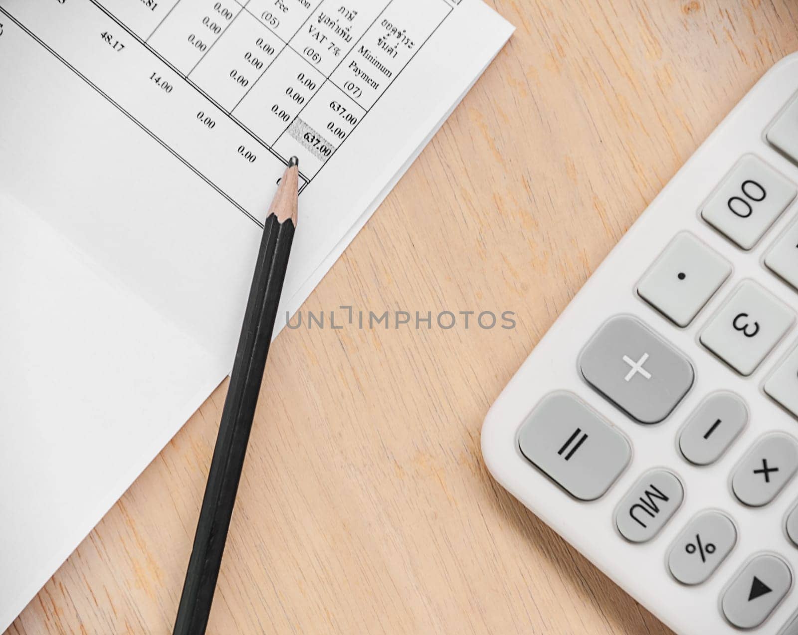 Paper for finance with pencil and calculator on wooden background