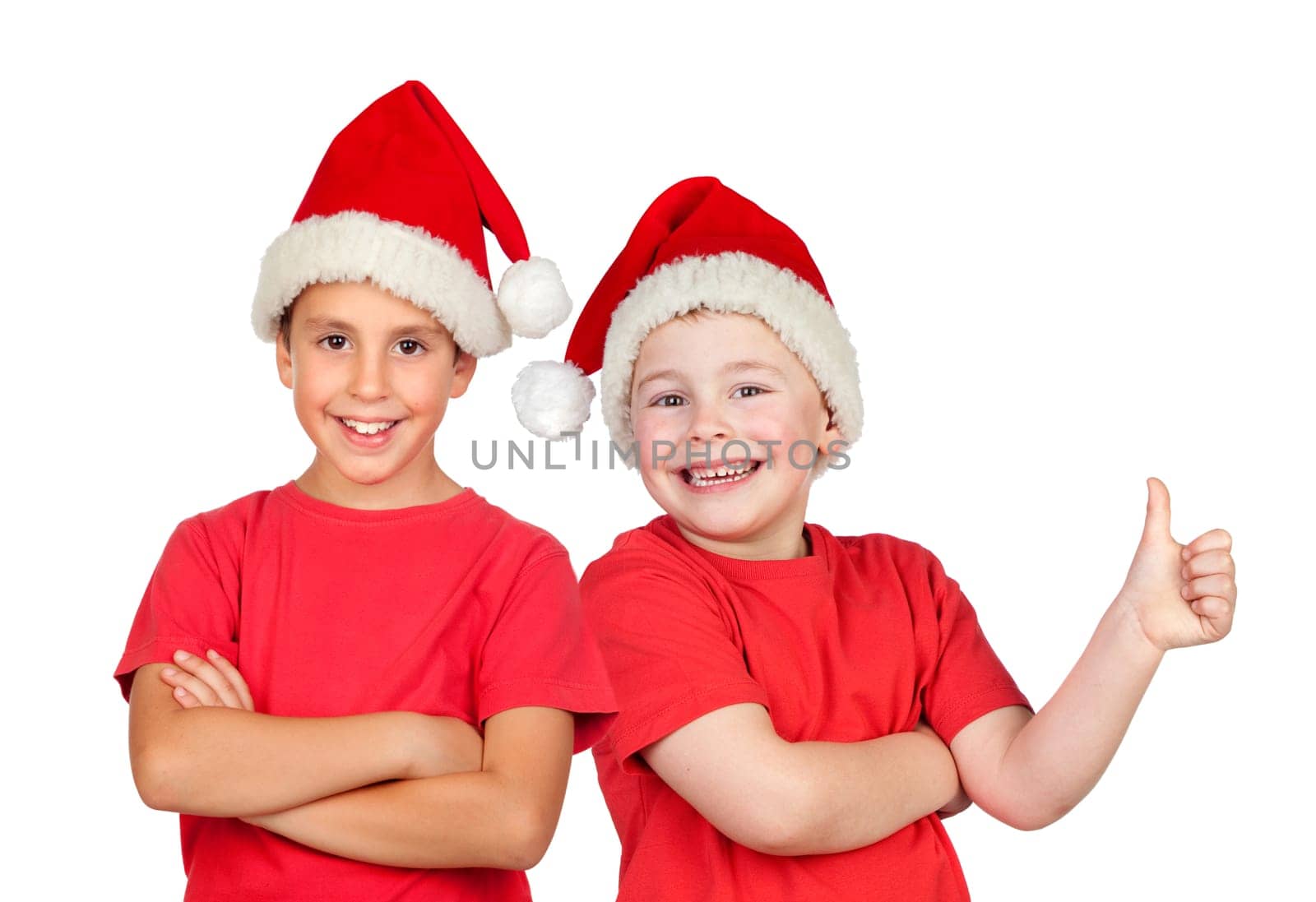 Two children with Christmas hat isolated on a white background