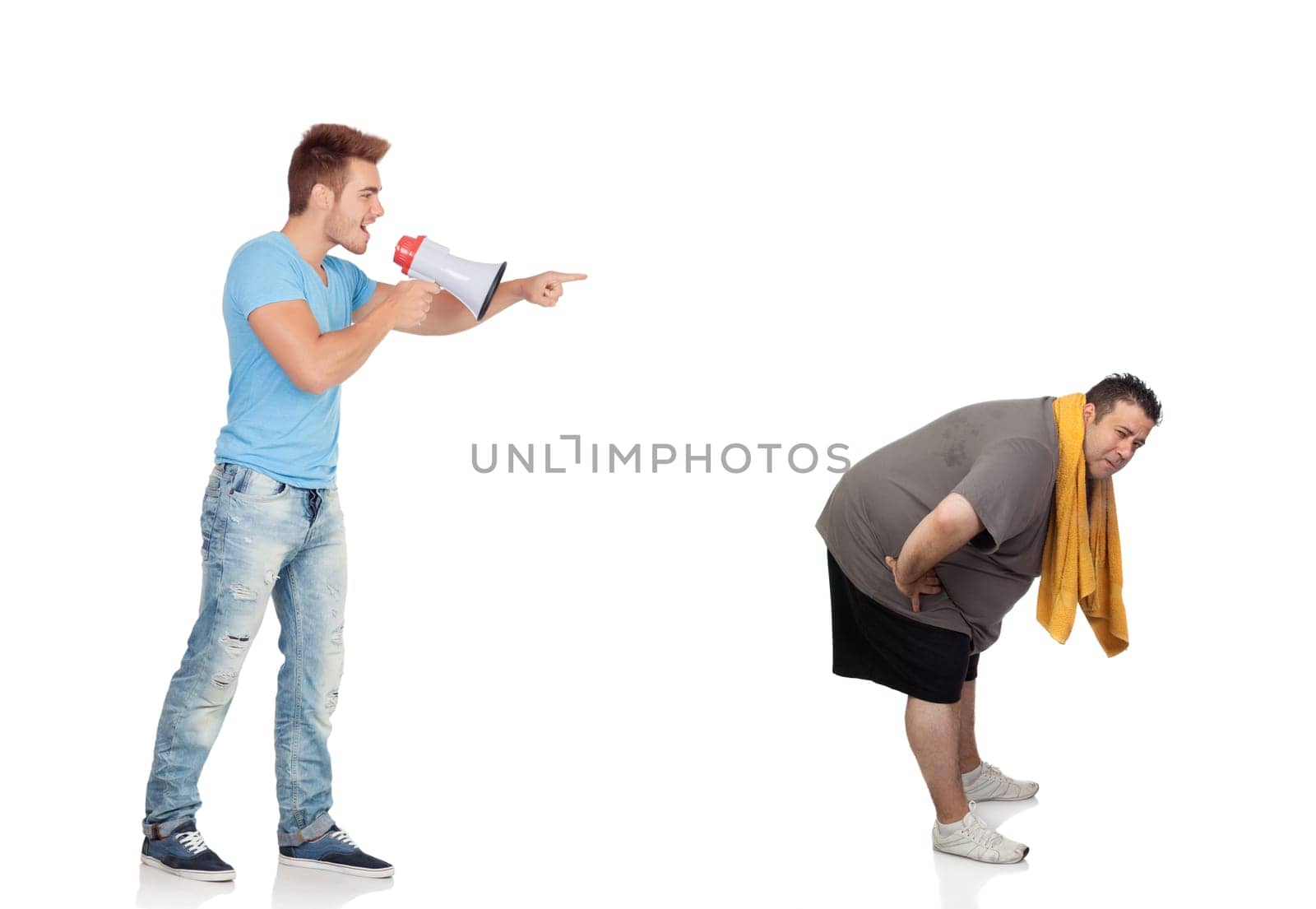 Fat men and his personal trainer with a megaphone isolated on a white background