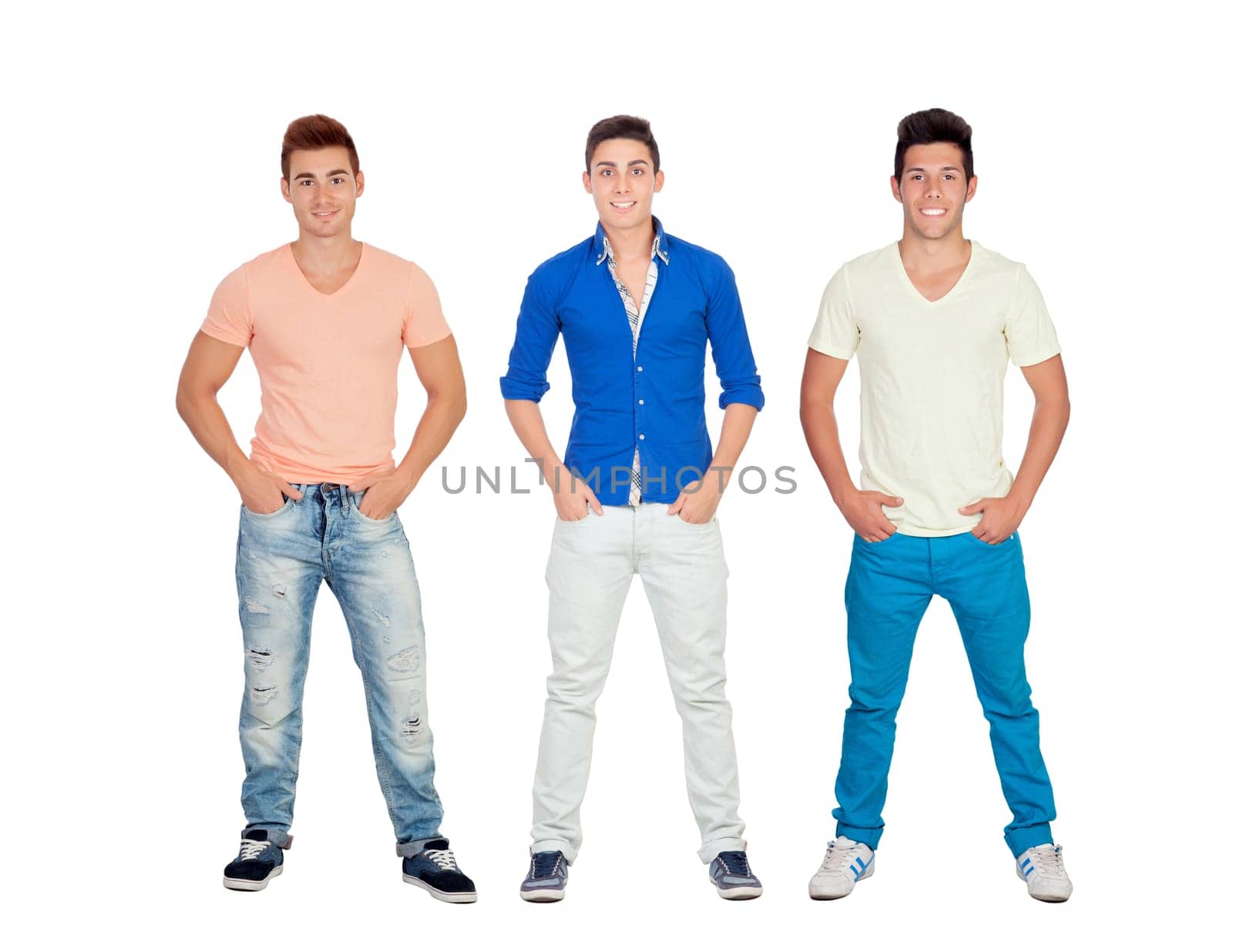 Three casual and young men isolated on a white background