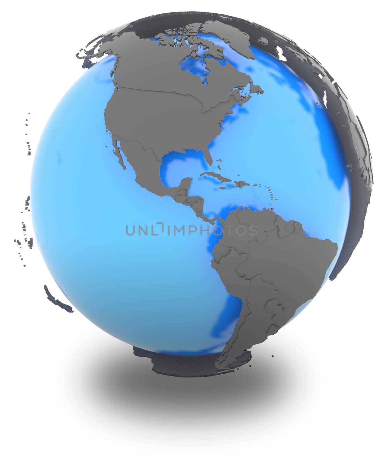 Americas standing out of blue Earth in grey, isolated on white background