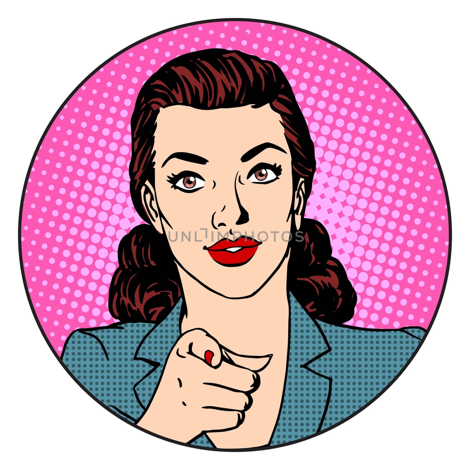 Businesswoman wants in the circle business concept. Retro style pop art