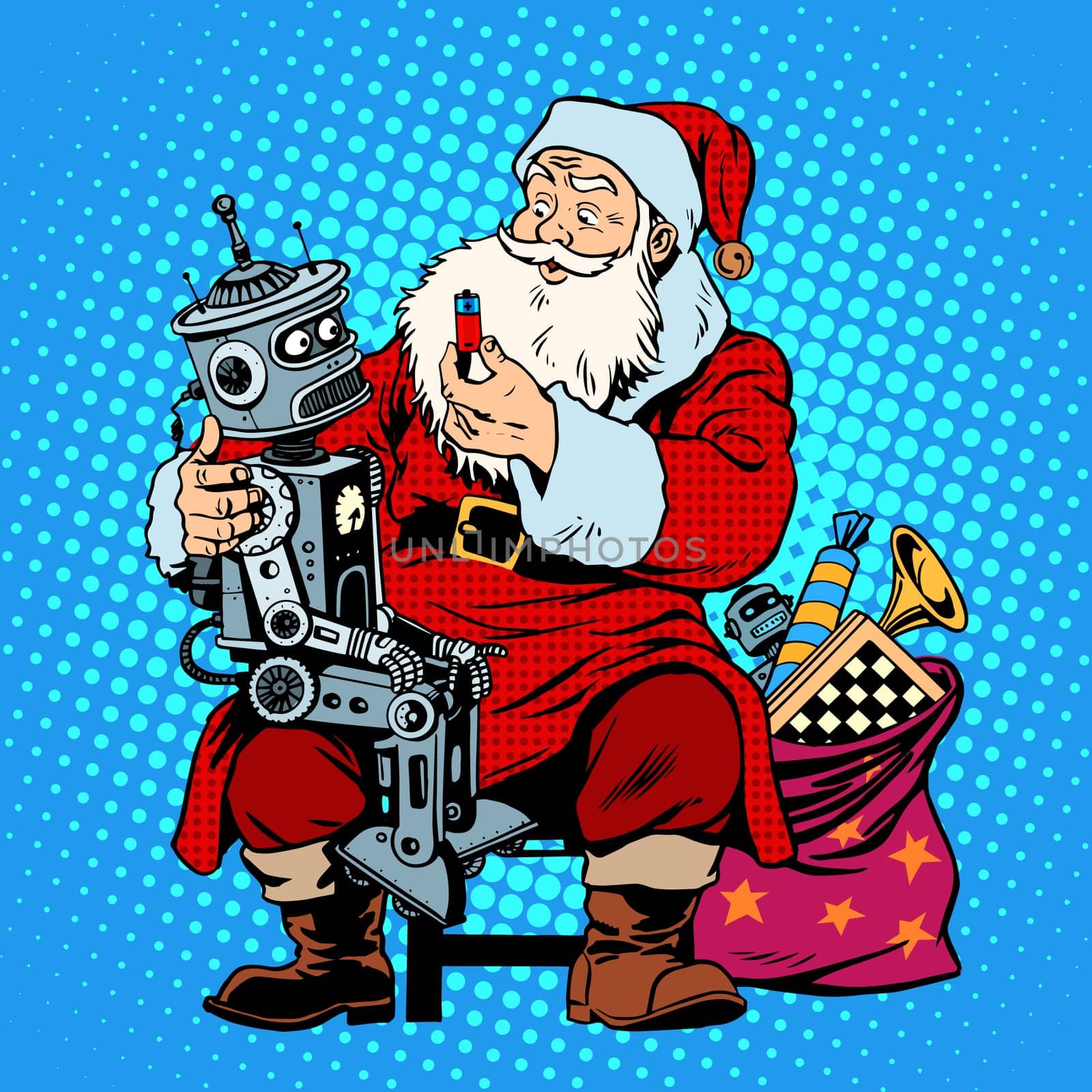 Santa Claus gift robot battery. Christmas shopping. Retro style pop art