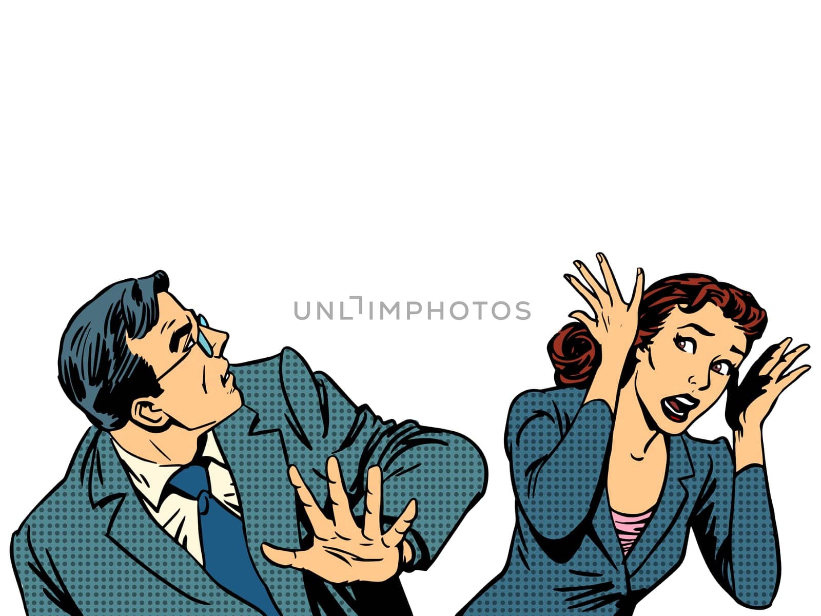 Man and woman escape the panic fear retro style pop art