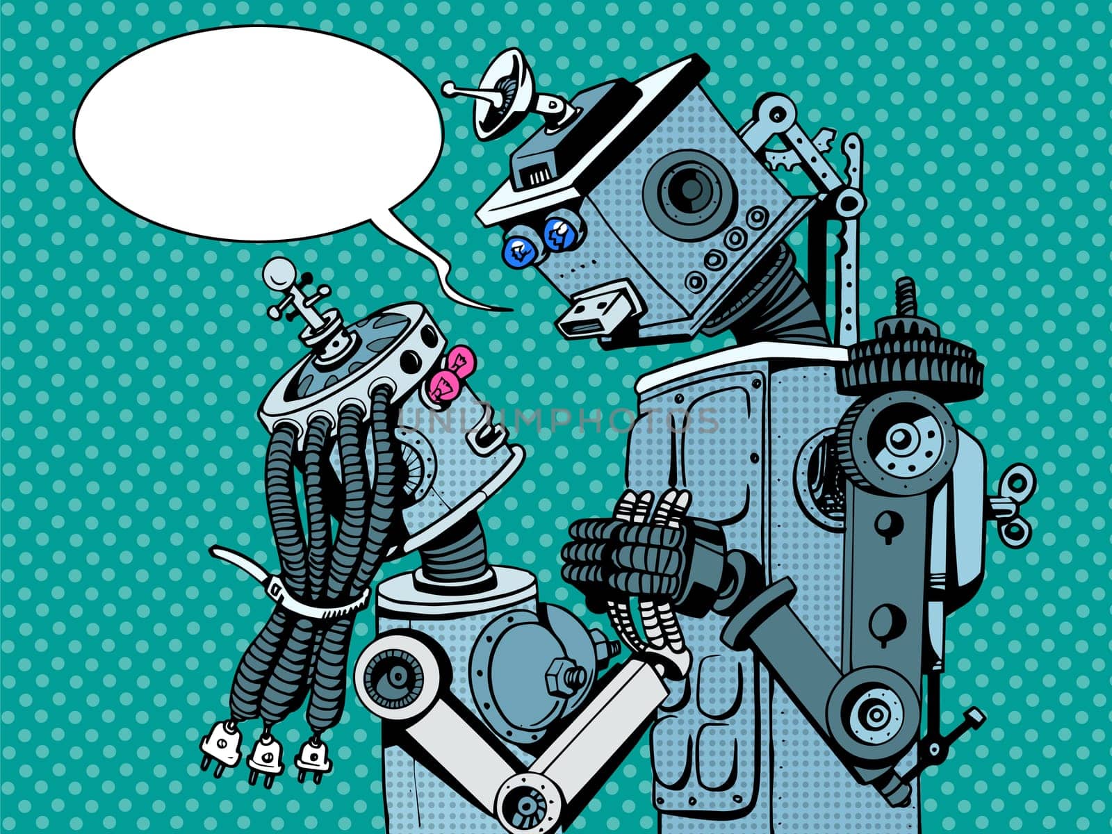 couple robots man woman love retro style pop art