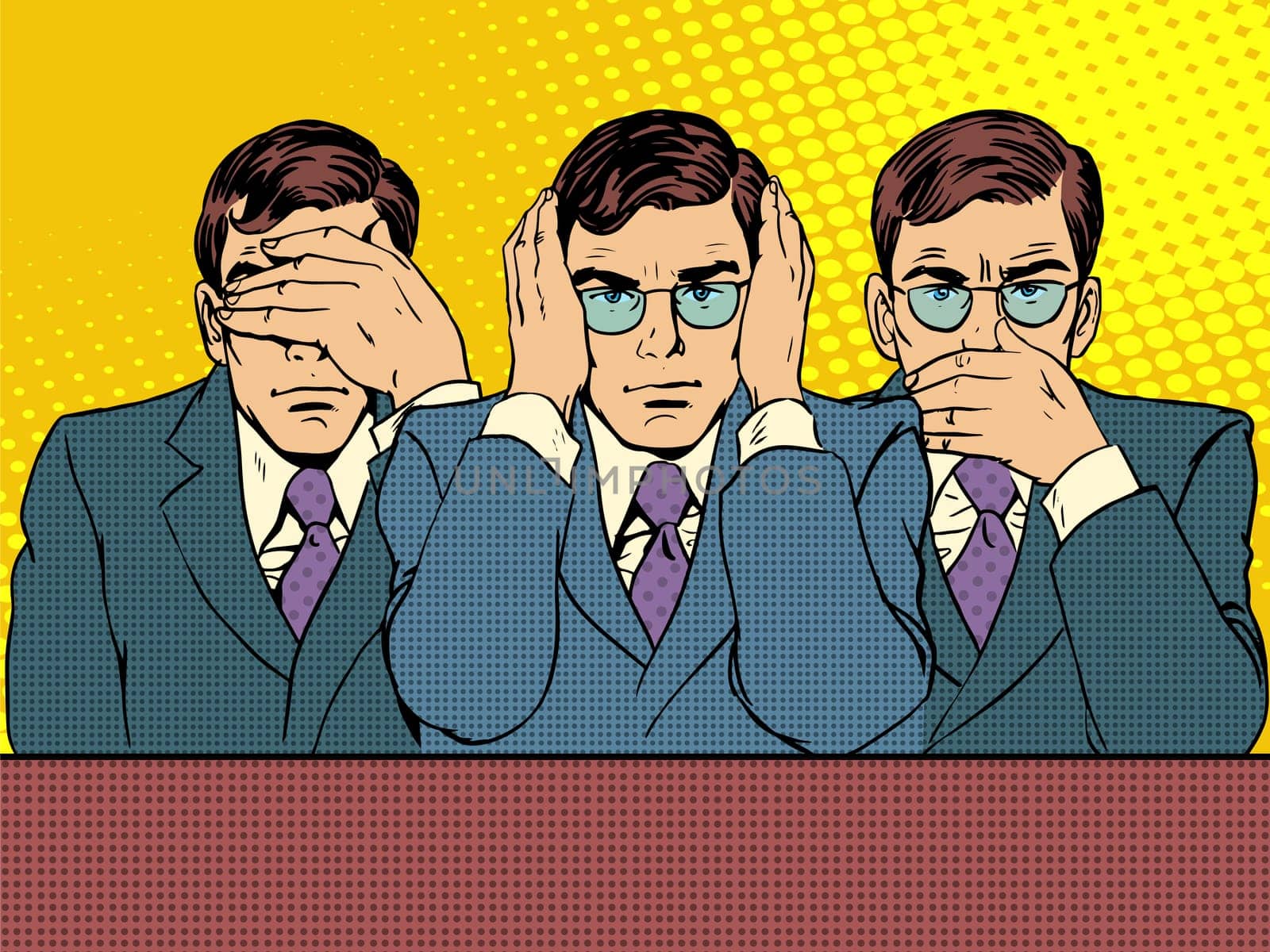 See nothing, hear nothing, say nothing to anyone business concept pop art retro style