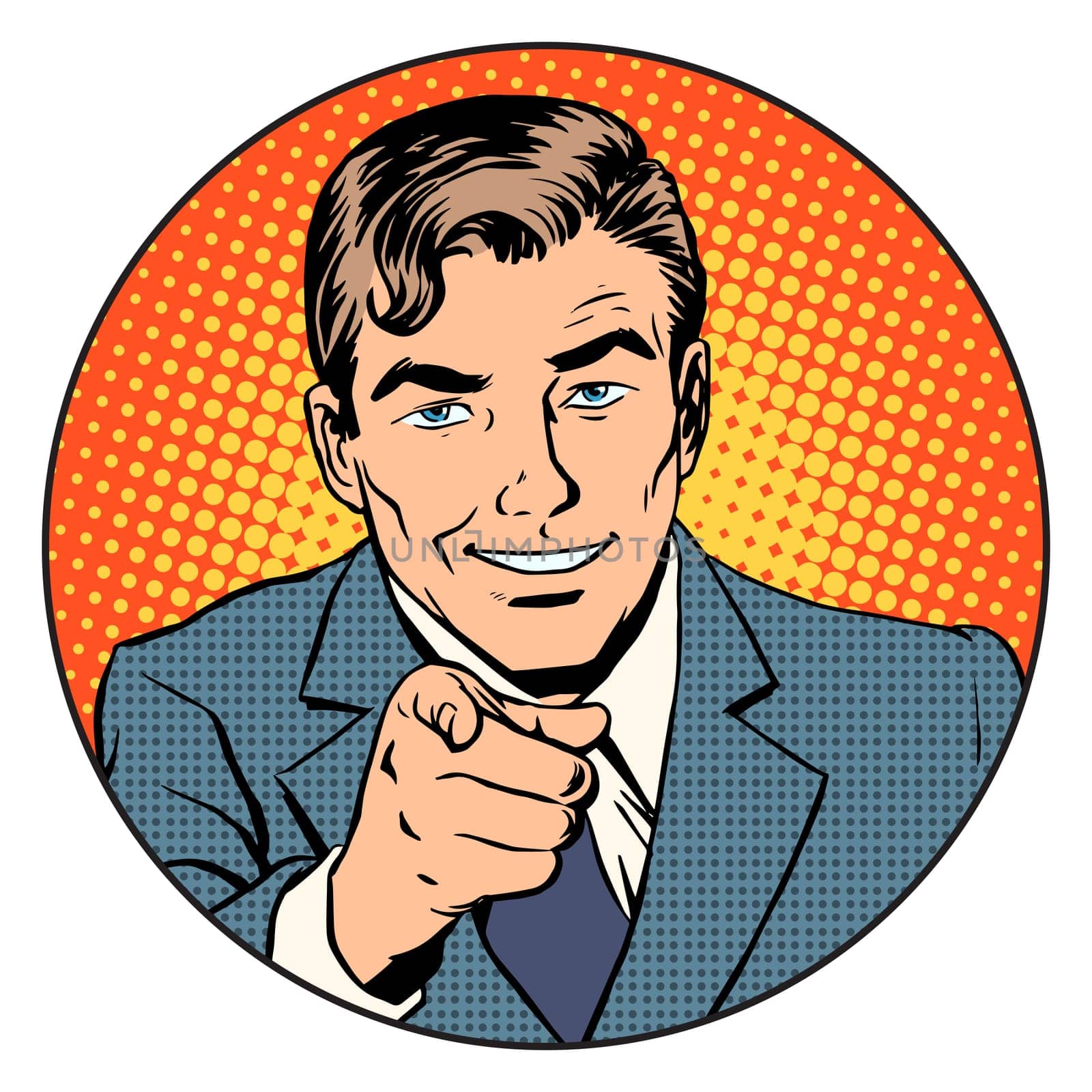 Man pointing finger in the circle retro style pop art. We are waiting for you