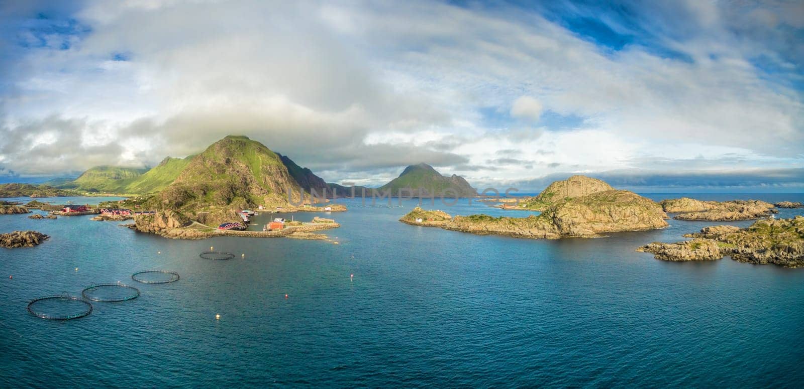 Scenic aerial view of Mortsund, small fishing village on Lofoten in Norway