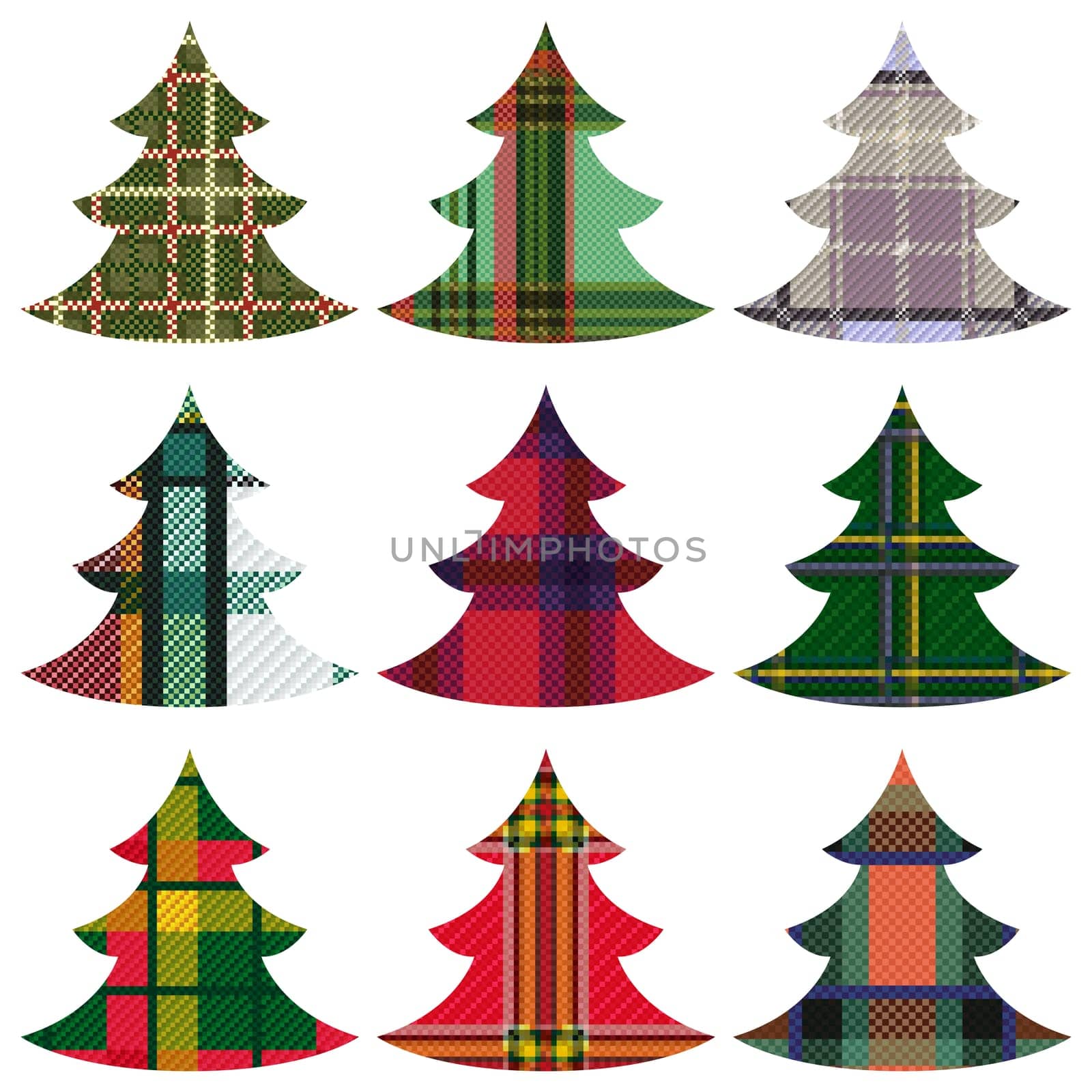 Set of nine Christmas Trees using the Celtic chequered ornament on a white background, hand drawing vector illustration