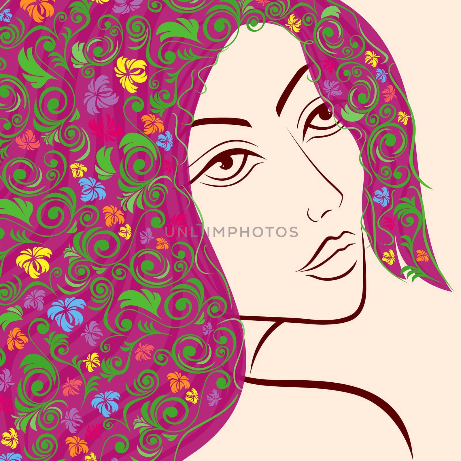 Beautiful women head with colourful floral hair, hand drawing vector illustration