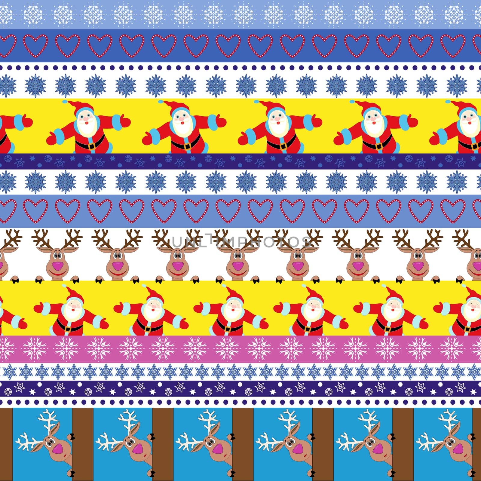 Christmas and New Year striped seamless vector pattern with cute Santa Claus, reindeer and multicolour horizontal strips