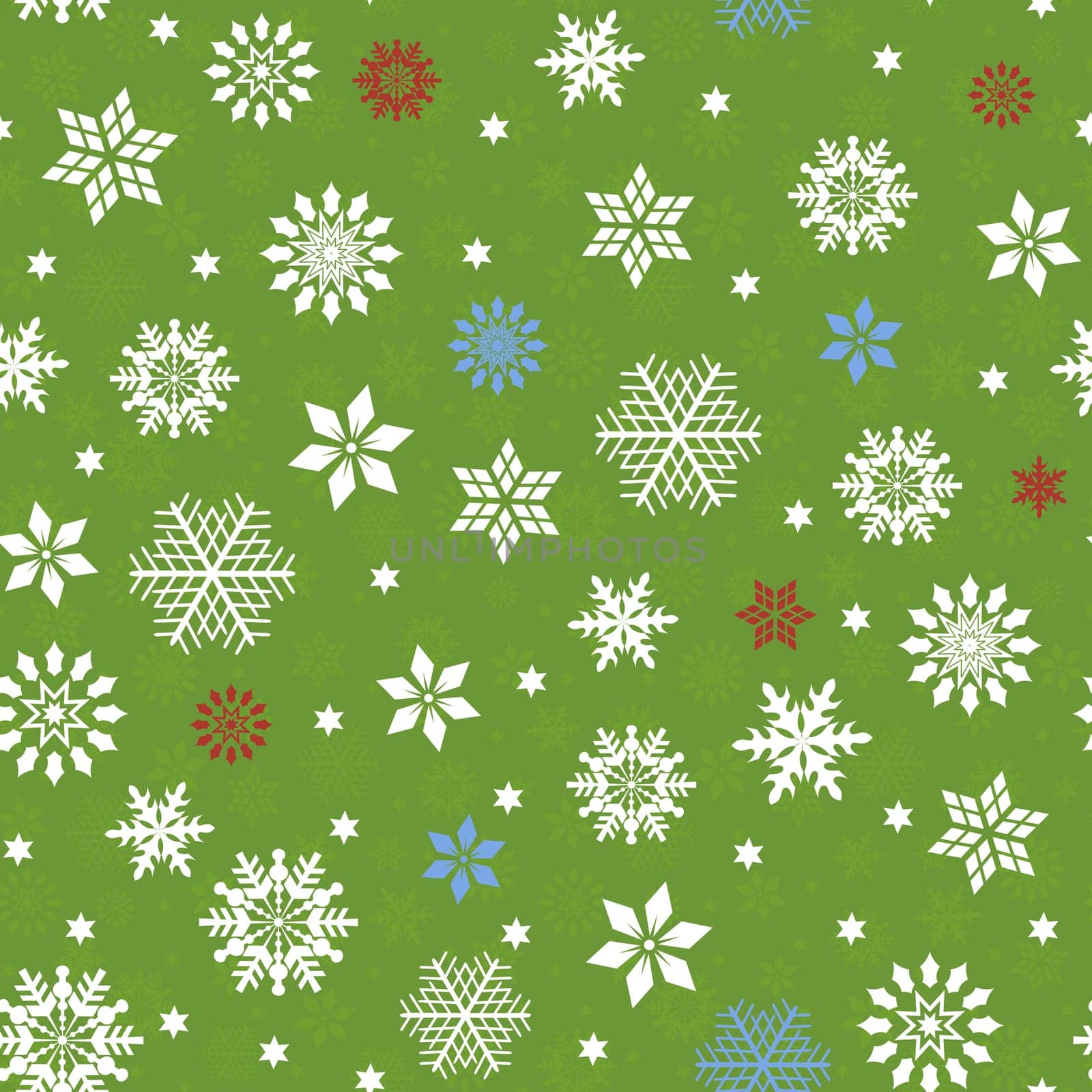 Seamless vector pattern with many snowflakes over green seamless background