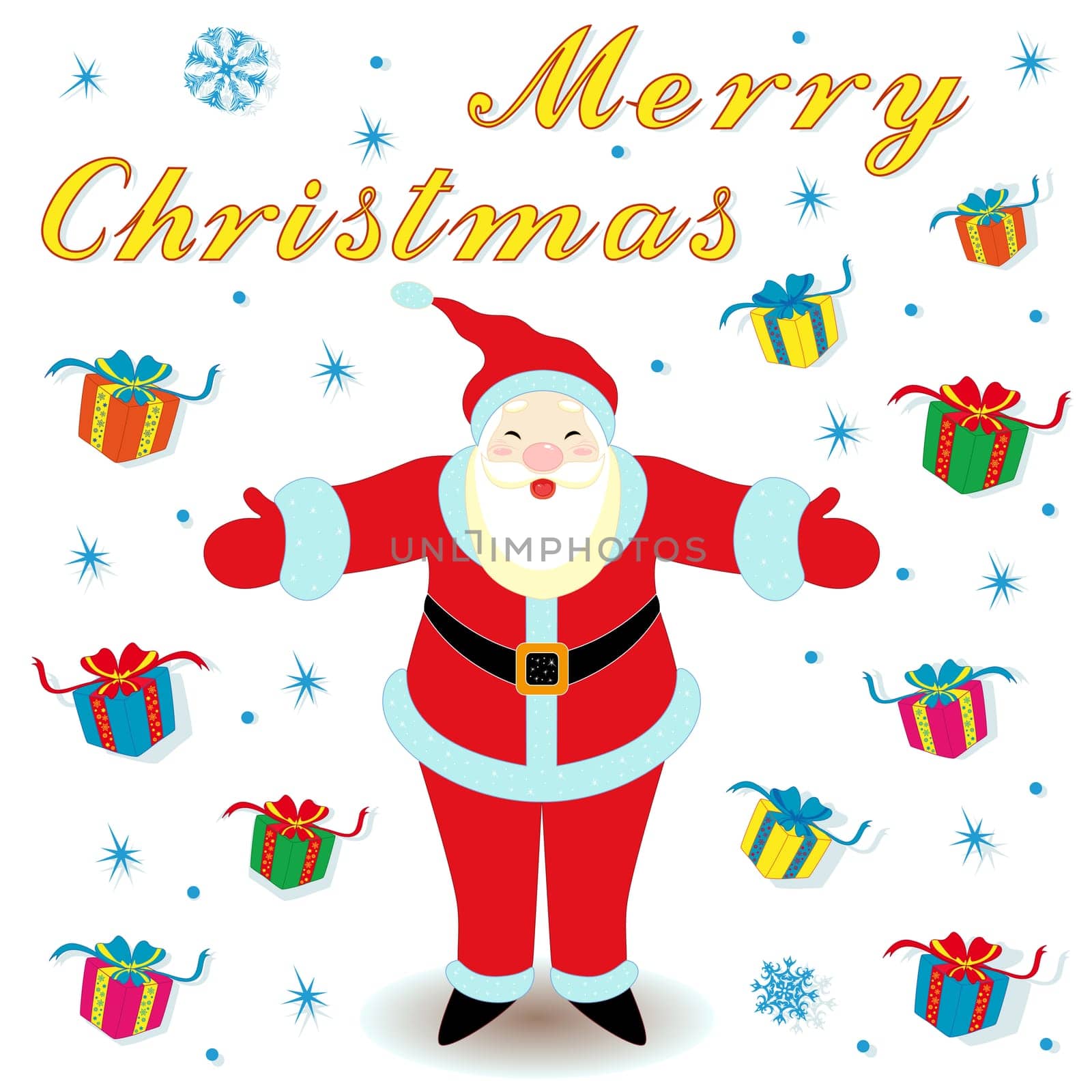 Merry Christmas with happy Santa Claus and many gifts, hand drawing cartoon vector illustration