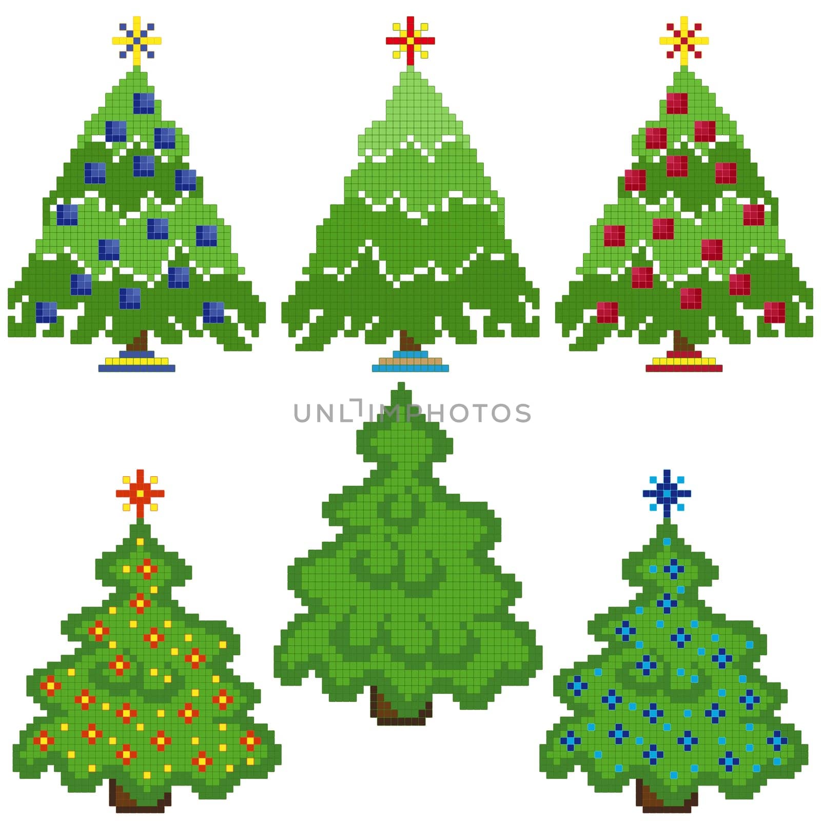 Set of six stylish Christmas Trees with chequered mosaic structure on a white background, vector illustration