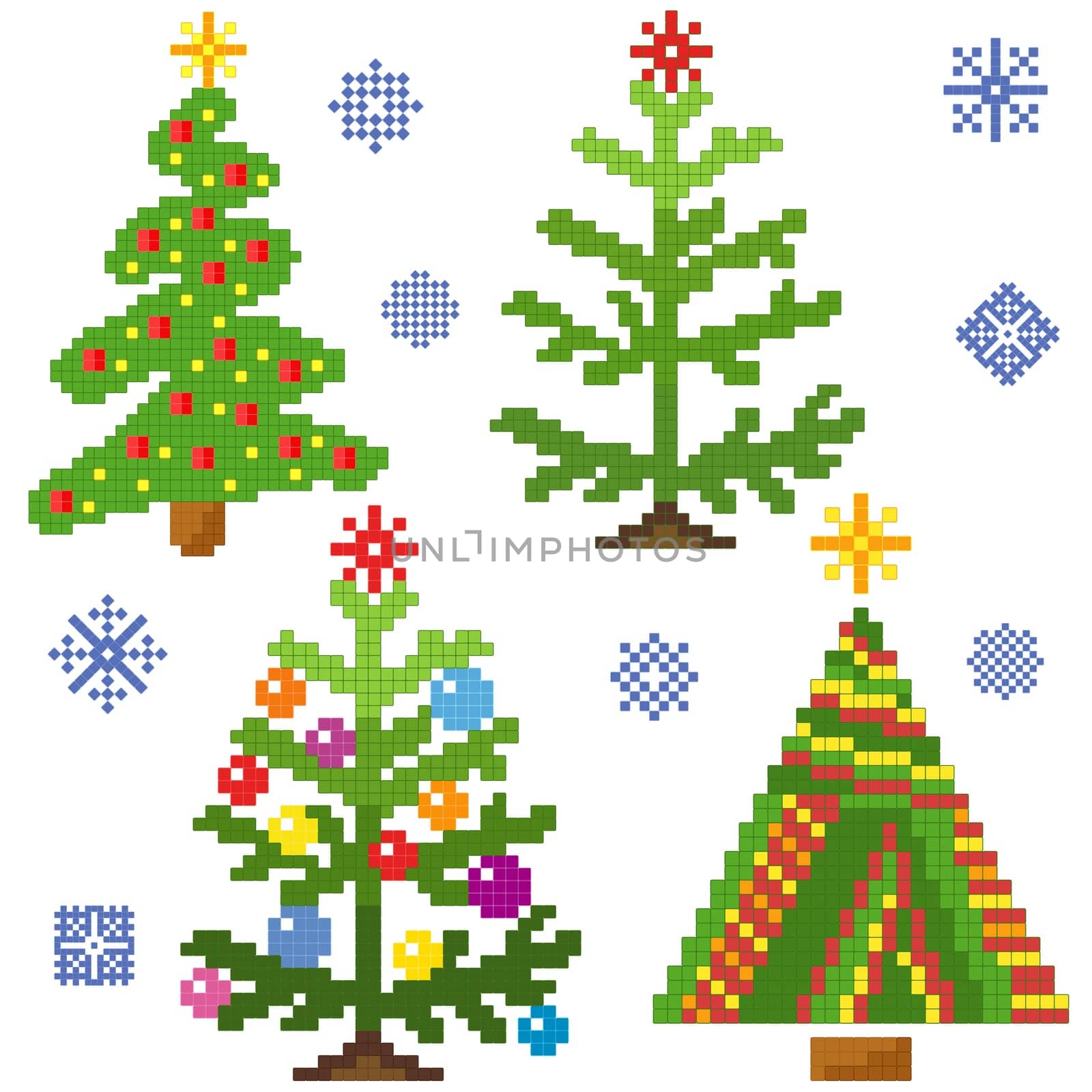 Set of four stylish Christmas Trees with chequered mosaic structure and snowflakes on a white background, vector illustration