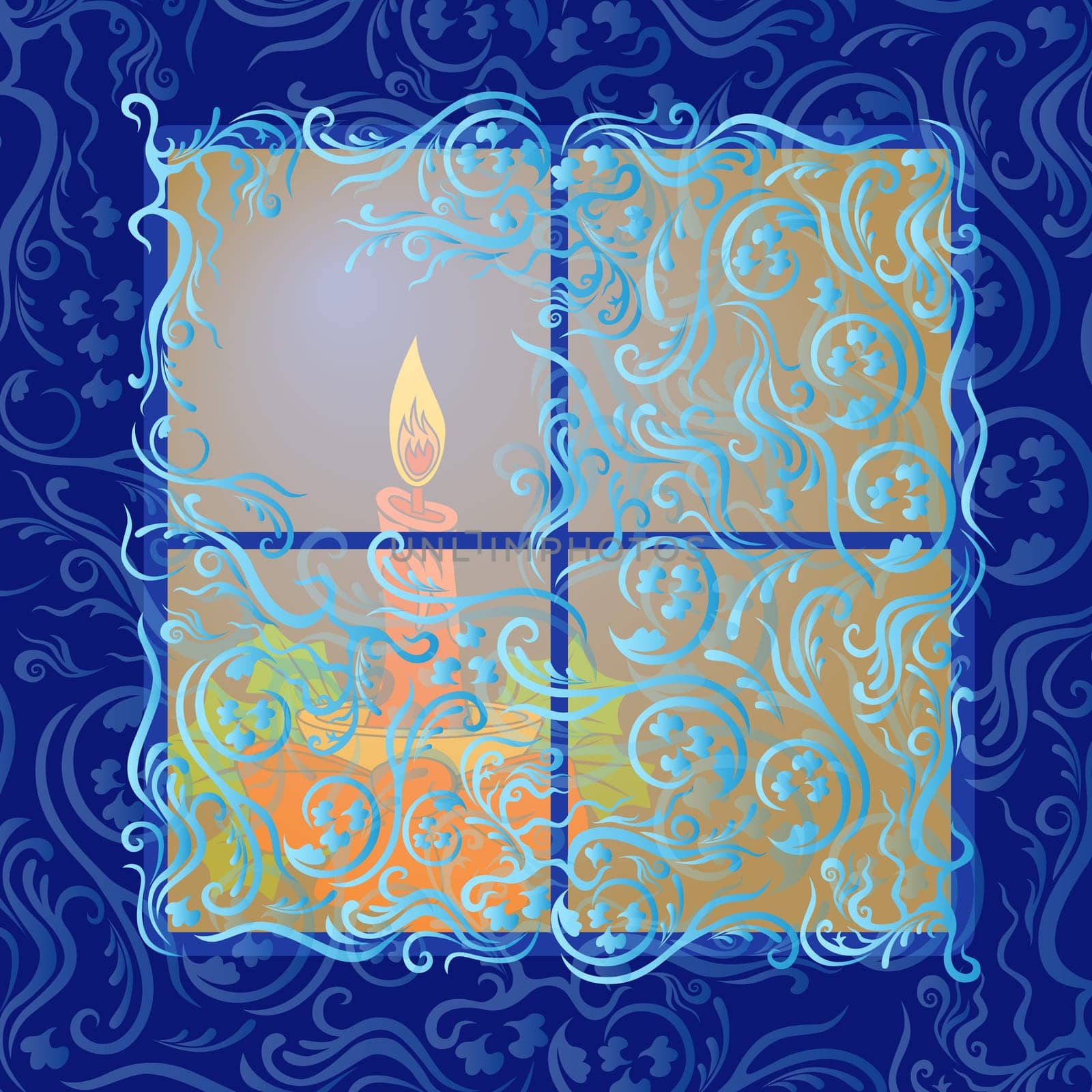 Candle that shines visible through the evening frozen window, hand drawing vector illustration