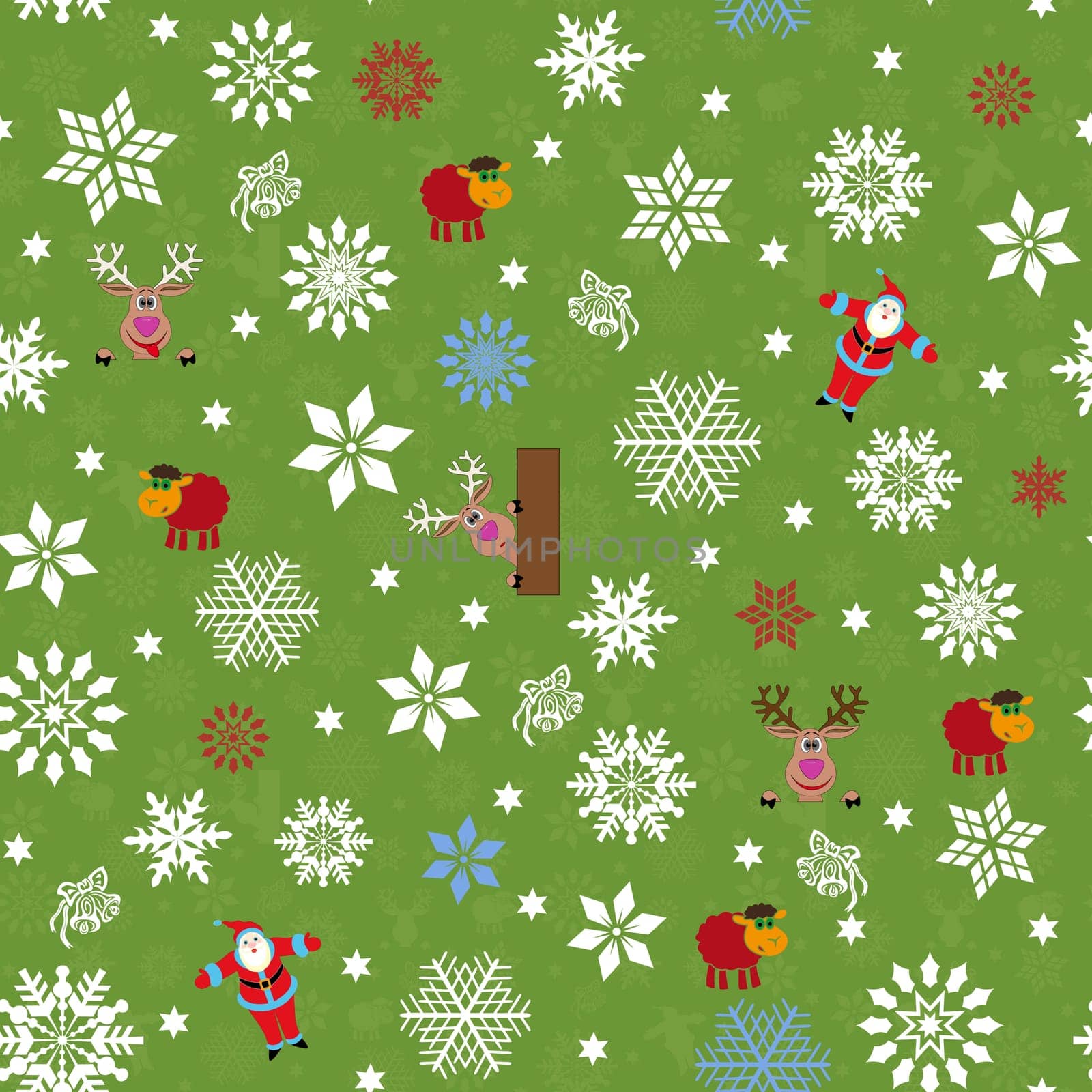 Seamless vector pattern for Christmas motifs with Santa, reindeer, sheep and many snowflakes over green seamless background