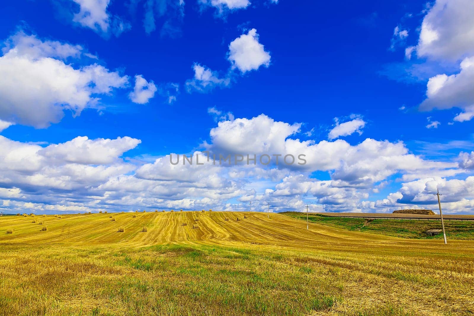 Yellow, Round Straw Bales in a Stubble Field at end of Summer at Day with Clouds and Blue Sky after Harvest