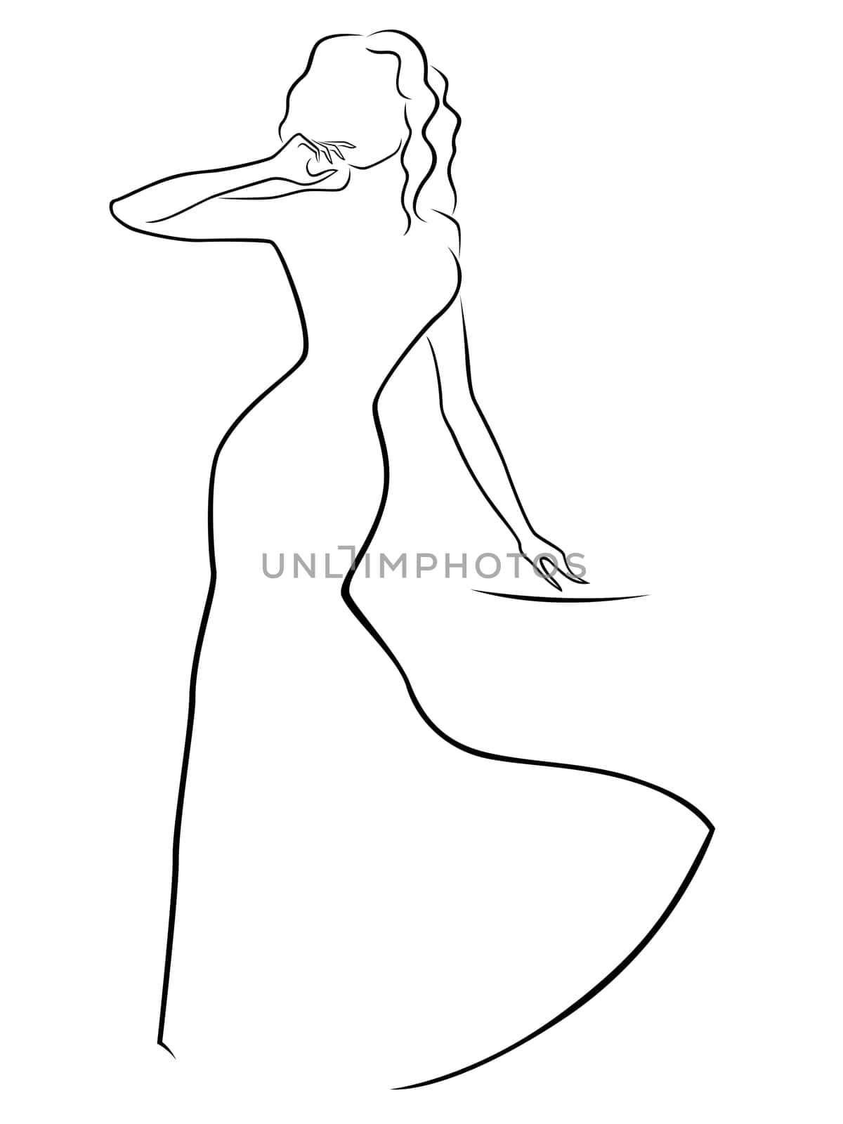 Abstract woman contour in a long dress, hand drawing vector illustration