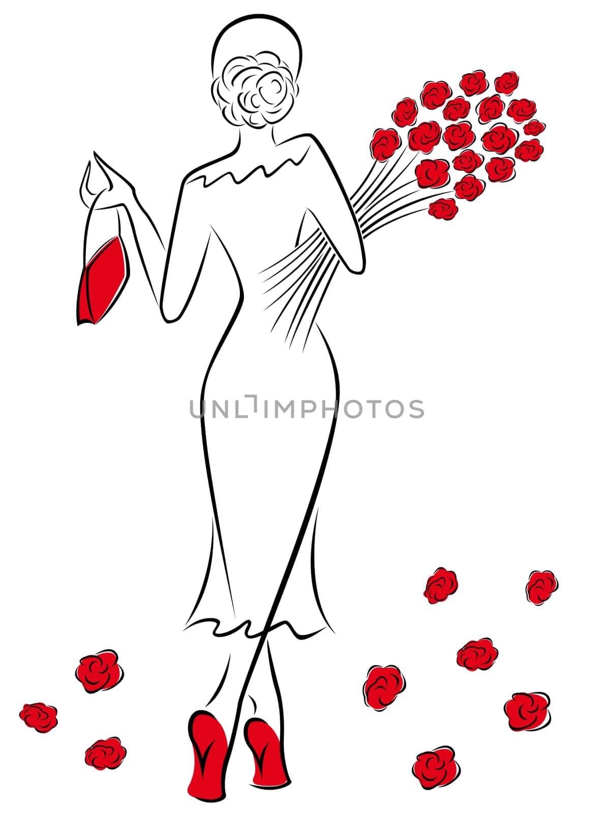 Graceful lady in a long dress with a bouquet of red roses goes away, hand drawing sketching vector artwork